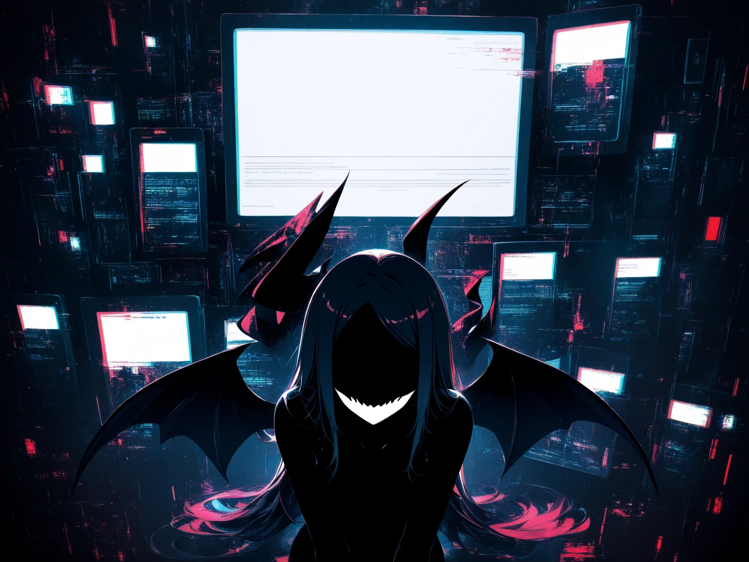 (Old photo-like image: 1.5, Monochrome image: 1.3, Black and white photo: 1.3, Glitch art: 1.4, Incredible high resolution, Masterpiece, Top quality, Highly detailed, CG, High quality anime), Woman on a monitor screen, Digital glitch: 1.4, Glitch noise: 1.4, Overall image glitch processing: 1.4, List of numbers floating behind, Monitor, Through the screen,
 BREAK (Silhouette of a succubus, Solo), (No eyes, No face, No highlights, Grinning mouth, Black skin, Demon wings, Very beautifully detailed face, Body suit), (Forming a  smile, Evil smile, Grinning smile, Yandere, Jito: 1.2, Shadowed face: 1.3, One hand reaching out towards you)