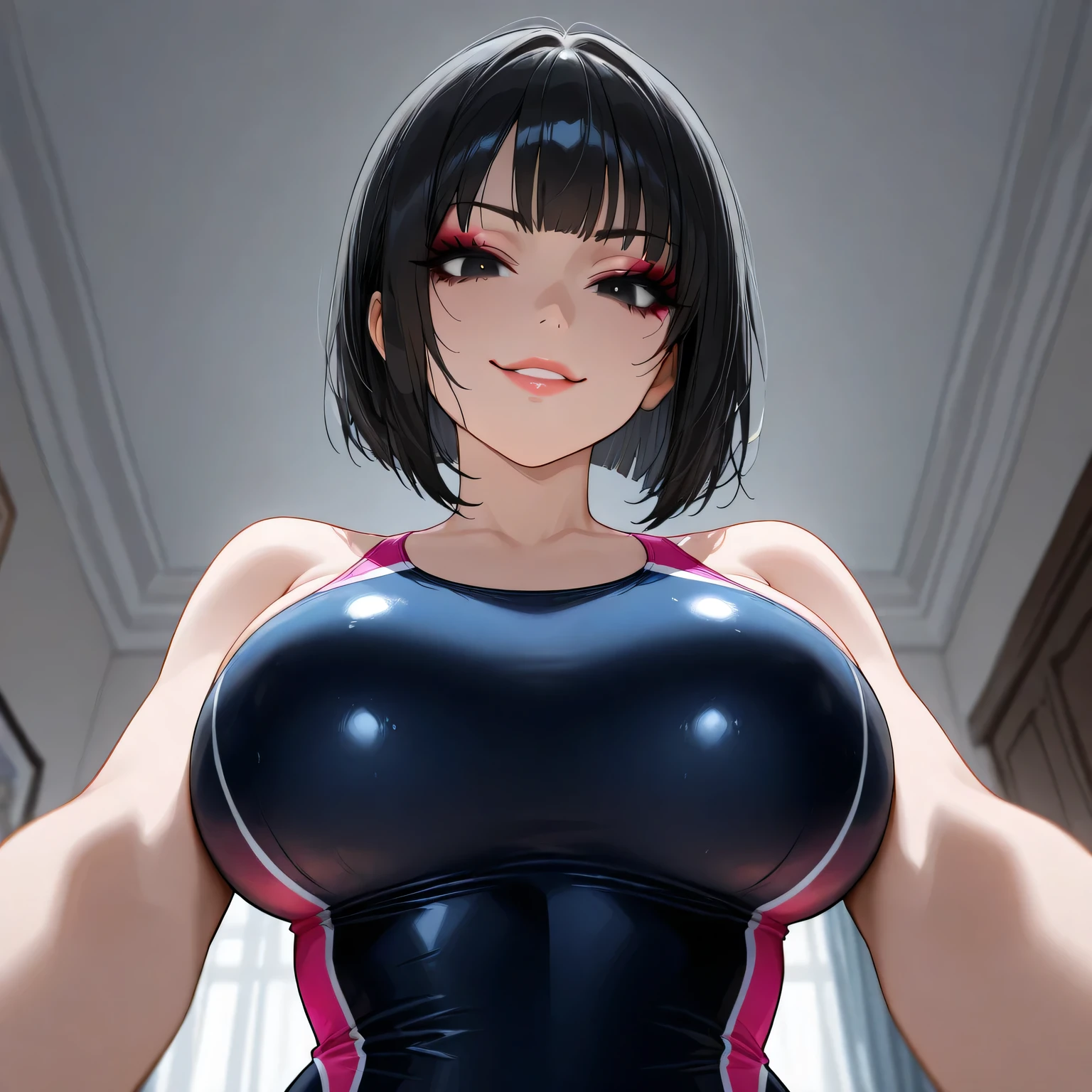 Perfect, masterpiece, (best quality, highres:1.2), 1girl, beautiful detailed eyes, beautiful detailed lips, extremely detailed eyes and face, long eyelashes, medium:oil painting, vivid colors, HDR, studio lighting, ultra-fine painting, sharp focus, physically-based rendering, extreme detail description, portraits, ((organized fingers)), curvy body, big breasts, perfect shape, facing viewer, sweaty, gorgeous, ((arms up)), sleeveless bodysuit, smiling, ((short hair))