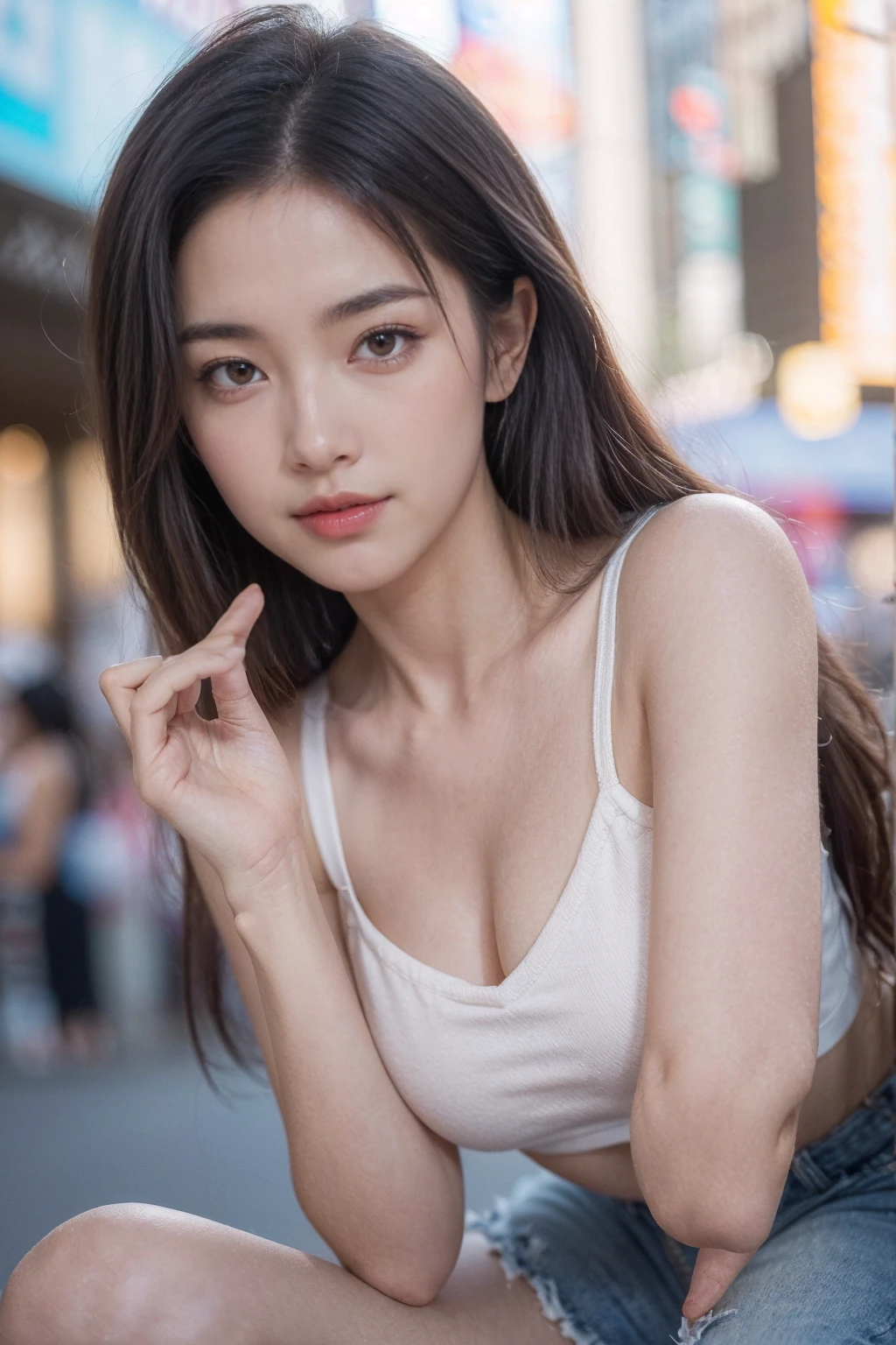 masutepiece, Best Quality, ultra-quality, High quality, Realistic, photo Realistic, Raw photo, Hyper Detailed, intricate-detail, Perfect Anatomy,1girl in,Well-groomed face,Look at the viewer,(20 years old:1.1), Beautiful face,((Full body)),a small face,cleavage of the breast, Narrow waist,(slim),(Ponytail),embarrassed,school uniform,Outstretched arms, Downtown,