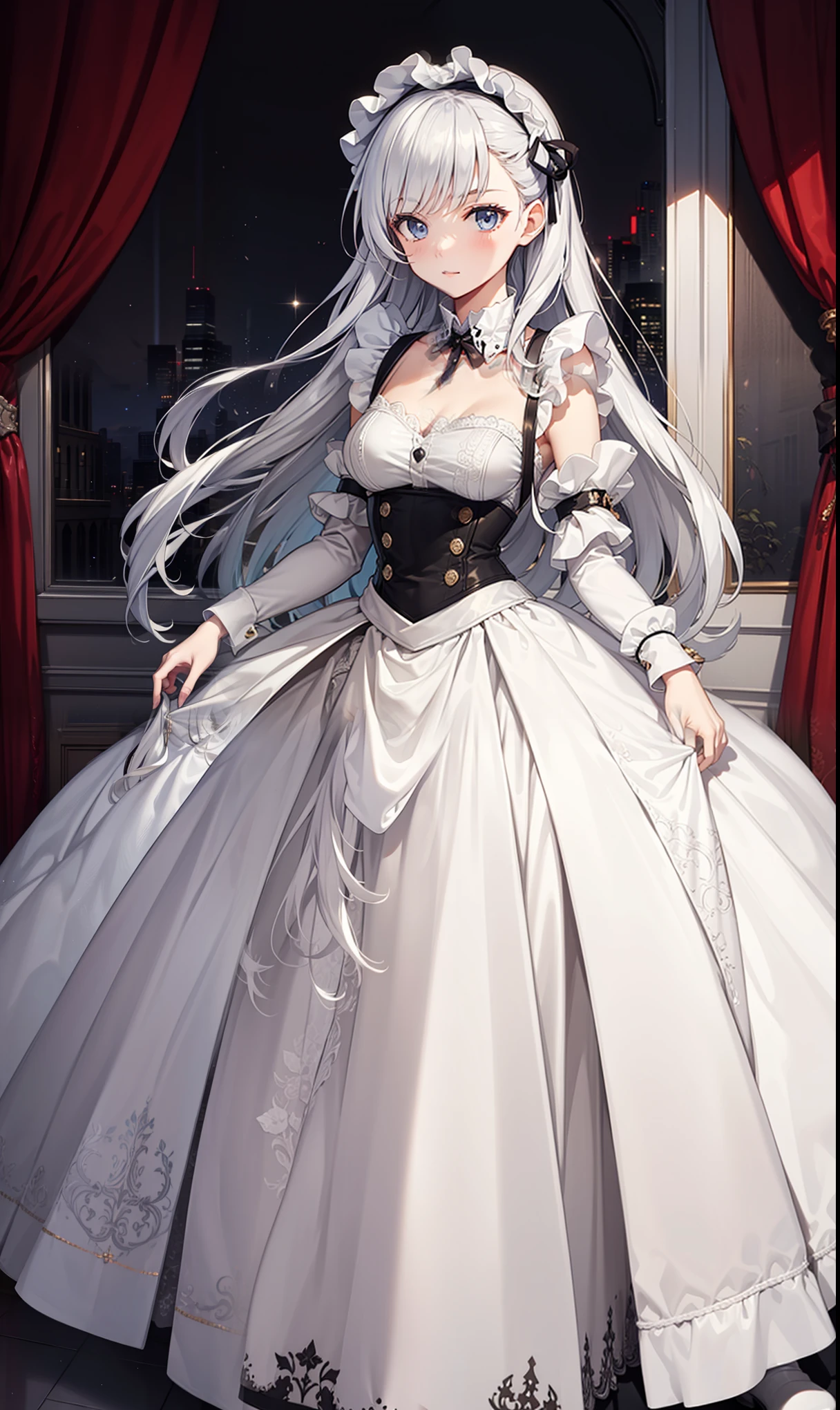goddess,obsessed, Have Fun ,in love,( white transparent maid uniform, wearing a long dress ),Silver Hair,blue eyes,transparent clothes, beautiful hair accessories ,transparent lace,Sky blue pattern,night,Dress nicely,bedroom,Lonely,night, carved suspenders ,pretty face