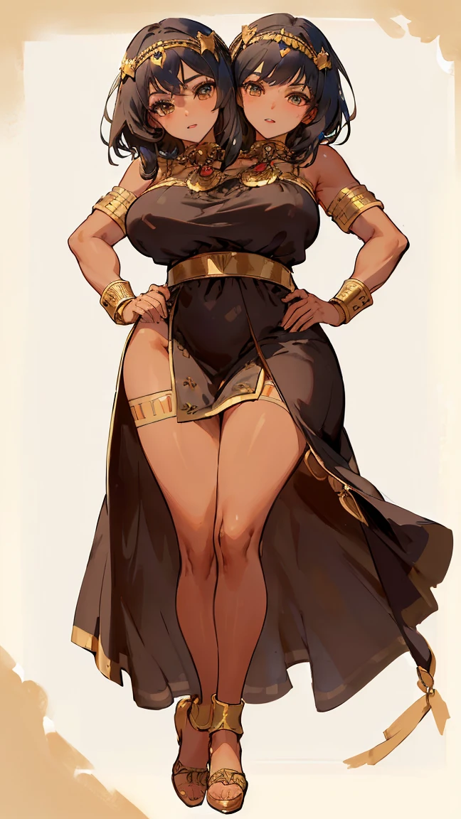 ((Masterpiece, plain background,1:2, masterpiece)) full body standing with two long yellow tiger print stockings, toned thighs, white silver hair, short bob hair, cleavage, separate yellow tiger print stockings thighs and sleeves, tiara royal, long cape up to two feet, yellow tiger bikini print, hands on waist, navel, lustful smirking smiling, smile face (red blushed, red cheeks) metal shoulders, armbands, black leather choker slave collar, full body standing with two long thighs and two metal sandals, red eyes, silver white hair, short bob hair, big knockers, cleavage, separate sleeves, tiara royal, long cape up to two feet, leather corset, yellow bikini, hands on hips, metal shoulders, armbands, black leather choker collar, shackles bracelets, slave red crest, pauldrons, loincloth standing, hands on hips, metal sandals, big belt, view from below, feet together, bracers, tiara, standing contrapposto straight symmetrical looking to viewer