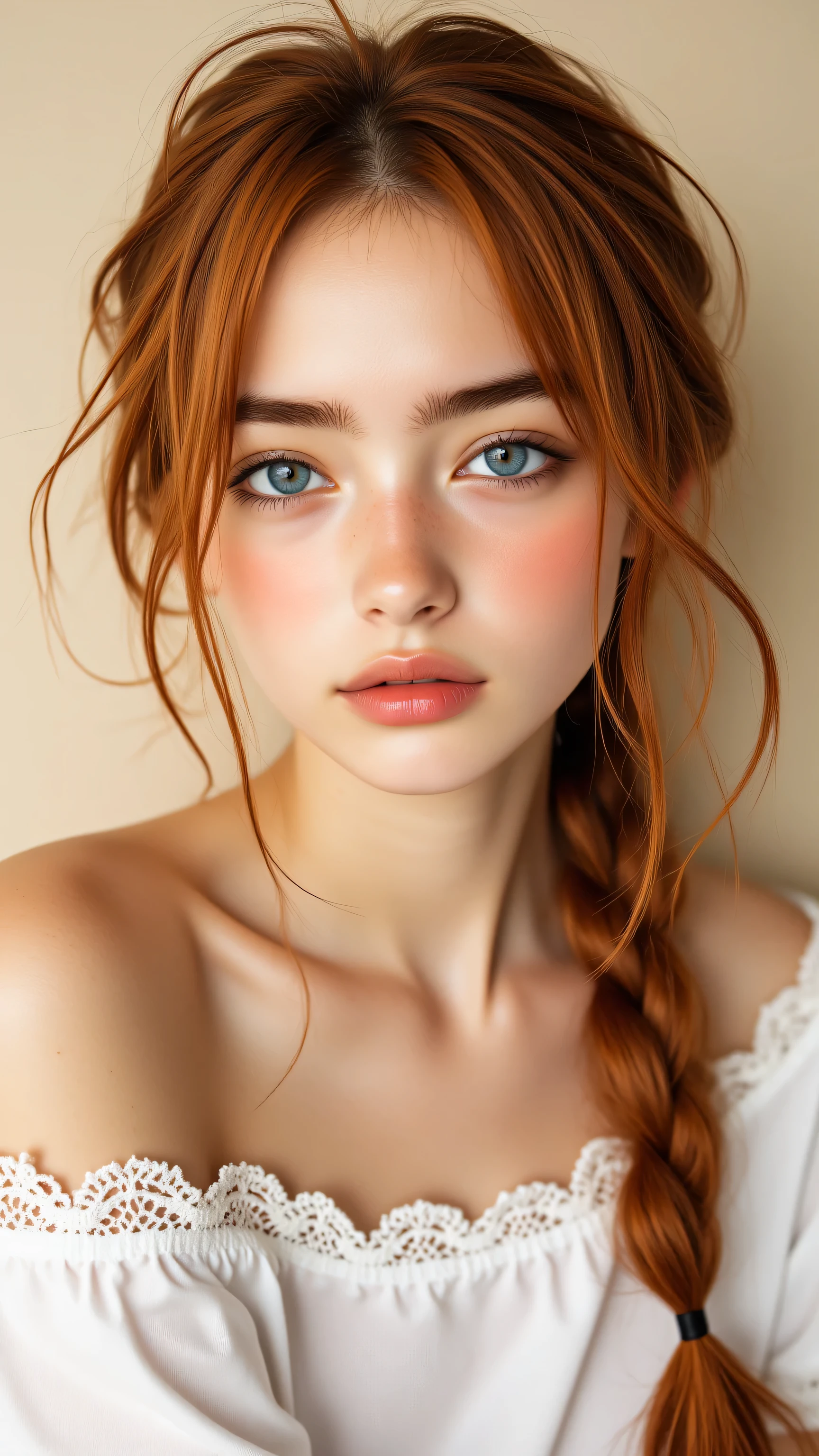 watercolor sketch of beautiful female, looking at camera, centered portrait head and shoulders, beauty, slim perfect face, natural look, playmate, red hair, hair tied in a bun, supermodel , color sketch, freckled skin, greenish gray eyes, archaic smiling, see-through white lace brassiere, in photo studio