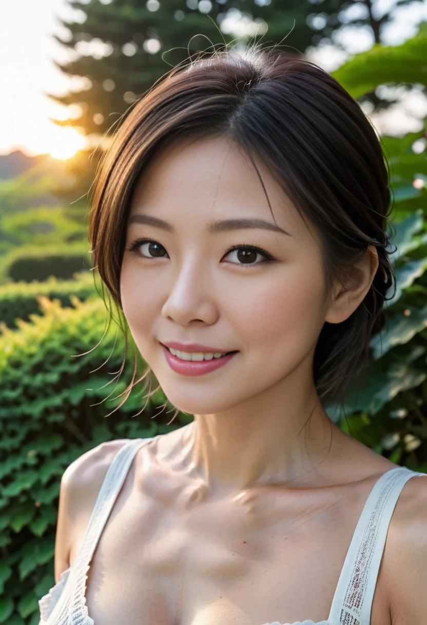 Fashion model 20 years old [[[[close up]]]], [[[[neck]]]], [[[[Shoulder]]]], perfect eyes, perfect iris，perfect lips，perfect teeth，perfect skin，White skin，Soft headlight，high-density imaging review，long hair，（Face is clear and delicate），White casual wear，The background is outdoor，Green trees and flowers，best quality，masterpiece，（pastel colors：1.2）