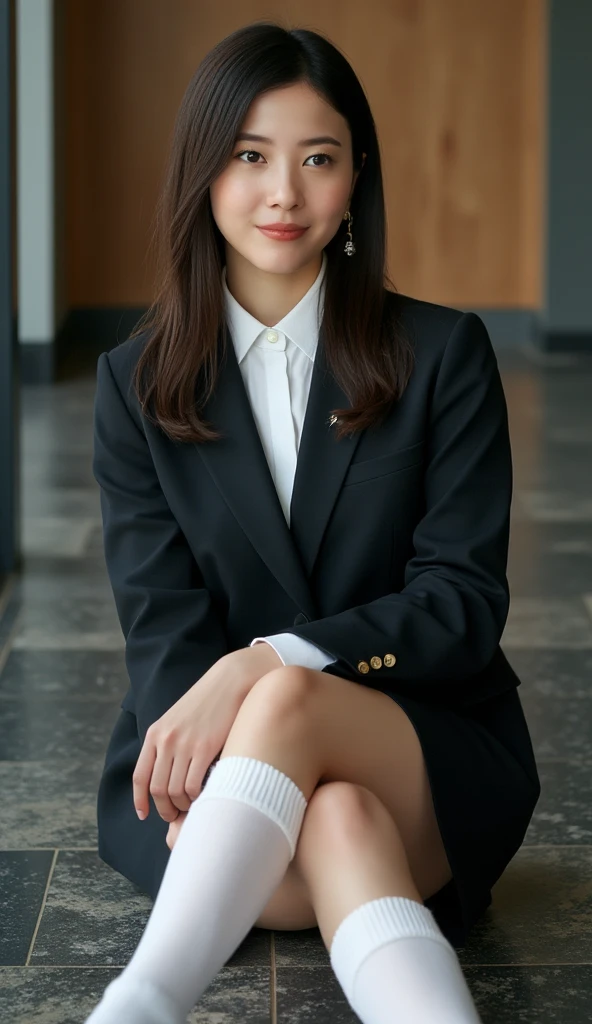 A lovely 21-year-old woman wearing a business suit and tight skirt is sitting on a horizontal wooden bench at the station, reading a book, with her legs crossed,