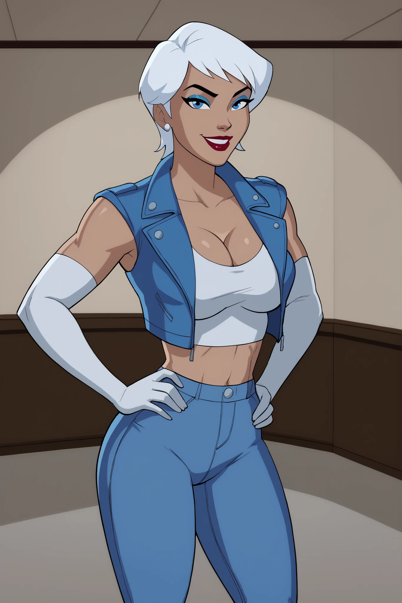 BREAK, score_9, score_8_up, score_7_up, score_6_up, masterpiece, high quality, perfect face, perfect eyes, JLUIce, solo, 1girl, white hair, short hair, blue eyes, lipstick, makeup, fur-trimmed boots, , curvy, athletic, cleavage, hands on , smile, closed mouth, happy expression, looking at viewer, blue leather jacket, white crop top, blue jeans, elbow gloves, white gloves, indoors, bedroom