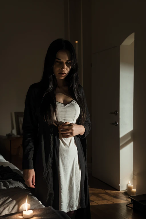 Sharp focus, darkened bedroom, long hair, dark haired woman, wearing frumpy robe, at window, on cellphone