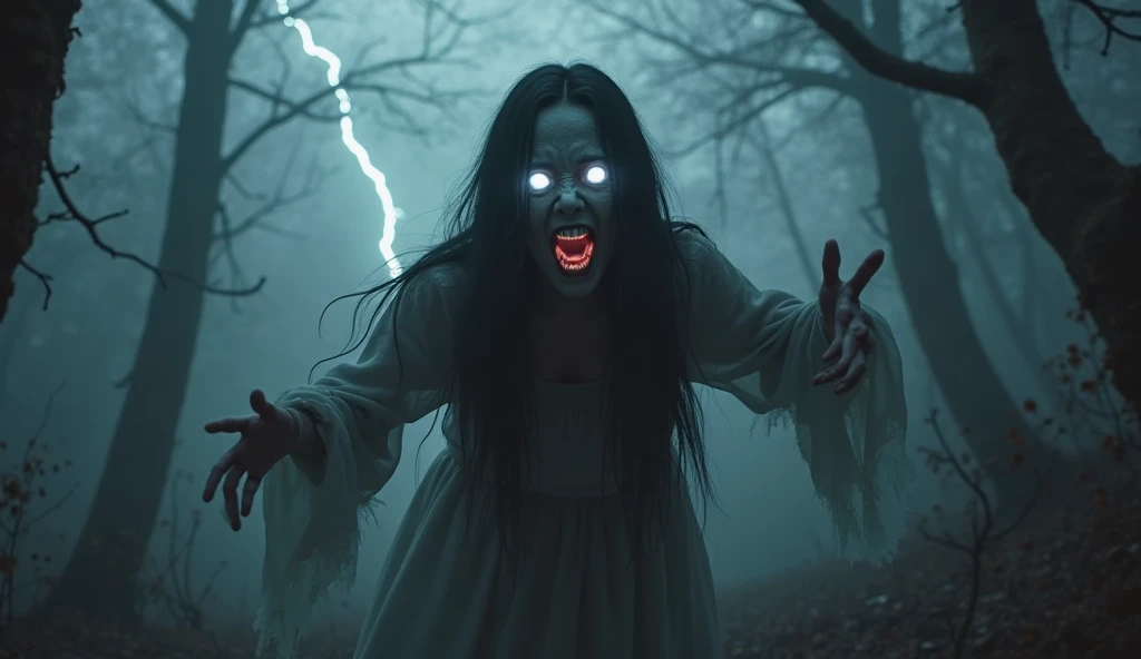 wide shot camera angle. she is flying high in the air at the old road, a scary, eerie, bloody zombie dark face of a Malay woman, very extreme long hair ((20 feet long)) covered face, looking at the camera, creepy face. pale skin, long white slubby dress, torn, dirty. windy waving cloth and hair Background of gloomy dark night in the lonely old streets in the middle of a jungle. no light. dramatic sky. cinematic shots. horror film still. masterpiece, hyper realistic.