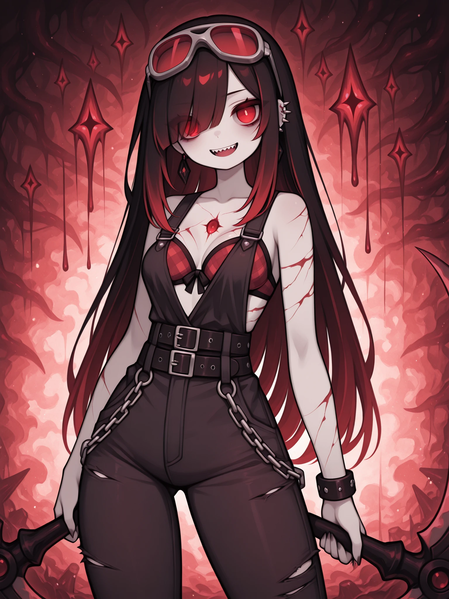 Overall appearance : The character has a dark and demonic appearance, with a clearly gothic and supernatural aesthetic. Her look mixes a punk style/Gothic com elementos fantasiosos e demoníacos. Physical characteristics: Pele: Light gray with dark veins or cracks that run through the entire body, giving the appearance of stone or corrupted skin. Cabelos: very long, black with vibrant red highlights. Part of the hair forms "tentacles" or sharp extensions, as if it were a living extension of the character. Olhos: } Intense red eyes with thin pupils, menacing-looking. Boca: It has sharp teeth and a provocative smile. The tongue is visible and seems excessively large. Chifres: Not visible , but the hair style may be hiding them. Tatuagens/Marcas: It has dark marks or textures all over its body, like scales or cracks. Roupas e accessories: Top: Wear a red bikini top, that contrasts strongly with the greyish tone of the skin. pants: pants largas e pretas no estilo punk, with chains and red and black plaid belt. Sapatos: Sapatos pesados no estilo Gothic/plataforma, with red details. accessories: protective glasses or aviator glasses on the head, with red lenses and black structure. Chains hanging on the pants and neck. Earrings or piercings visible on the ears. Bracelets and other metallic ornaments. Arma: giant scythe: The sickle is huge, with double curved blade and extra teeth in its structure. The predominant colors are metallic gray and blood red, with a shiny core at the base of the blade. It has spines, cuts and details that make the design aggressive. Energy seems to emanate from the gun. Style and vibe : The character exudes an aggressive aura, powerful and dominating. The visual style refers to the dark fantasy universe, with anime features and a touch of cyberpunk/Gothic. easily imagined as a villain or anti-heroine in an alternate universe or fantasy game.