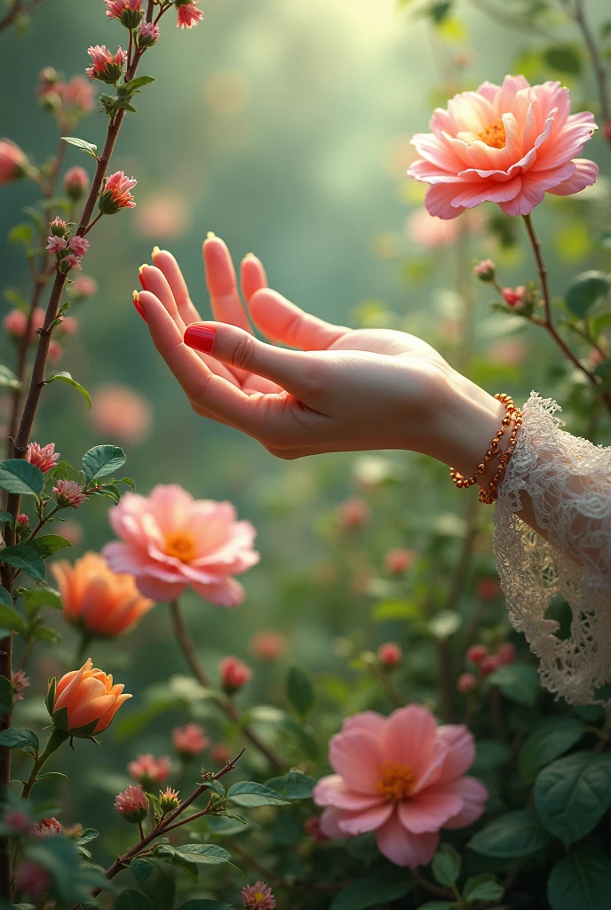 A white female hand over beautiful flowers