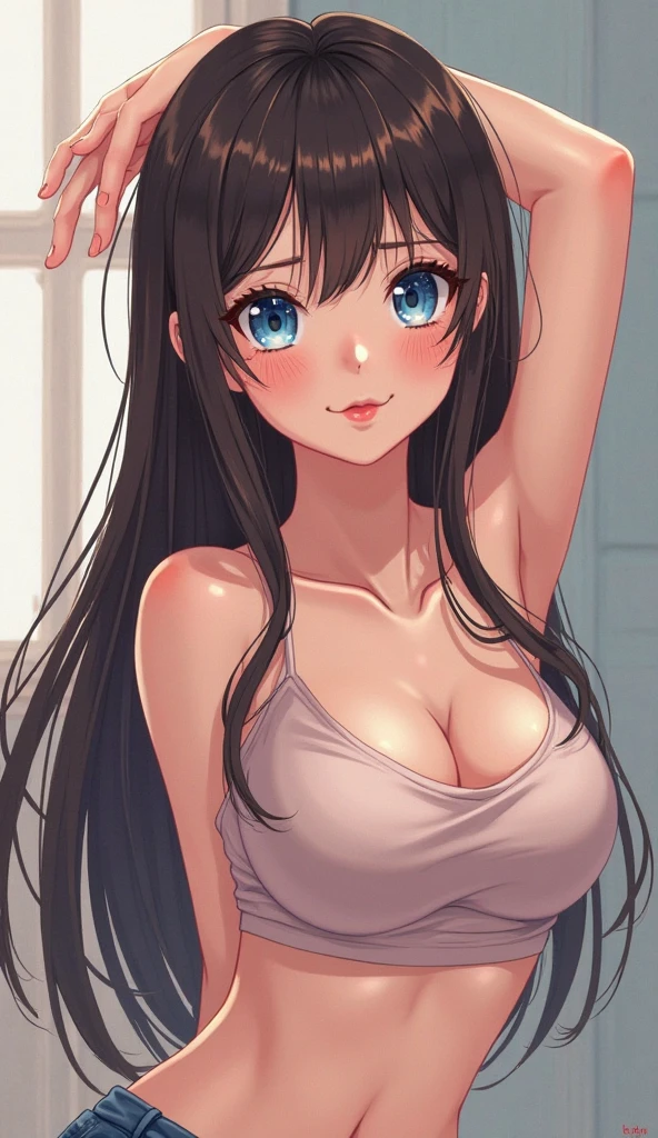 Estilo anime, 1garota, Arms Up, axilas suadas, pelos nas axilas, cabelo preto, sorrindo, pele molhada, suor, corando,  alta qualidade