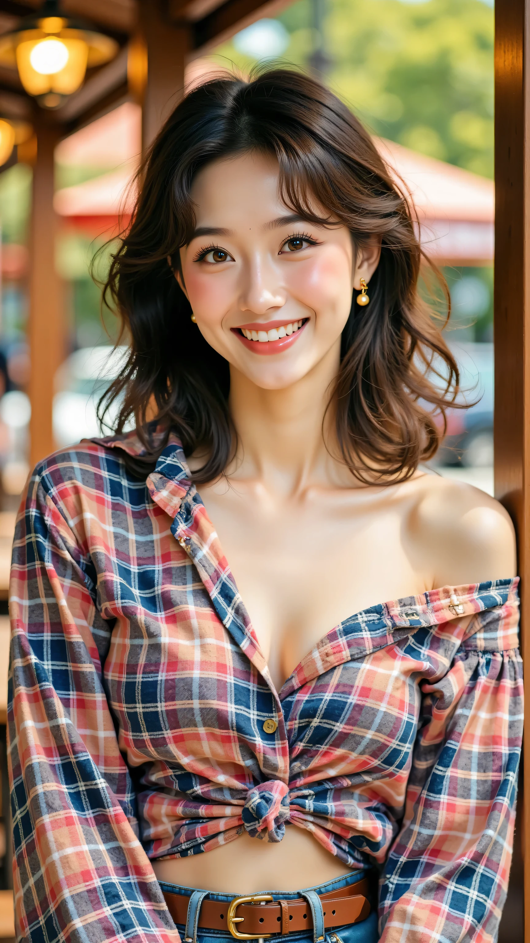 8k, masterpiece, highest quality, Asian woman, shoulder-length wavy hair, bright smile, off-shoulder plaid shirt, blue jeans, brown belt, outdoor setting, wooden structure, bokeh background, natural lighting, portrait photography, warm tones, candid pose, cheerful expression, fashion portrait, depth of field