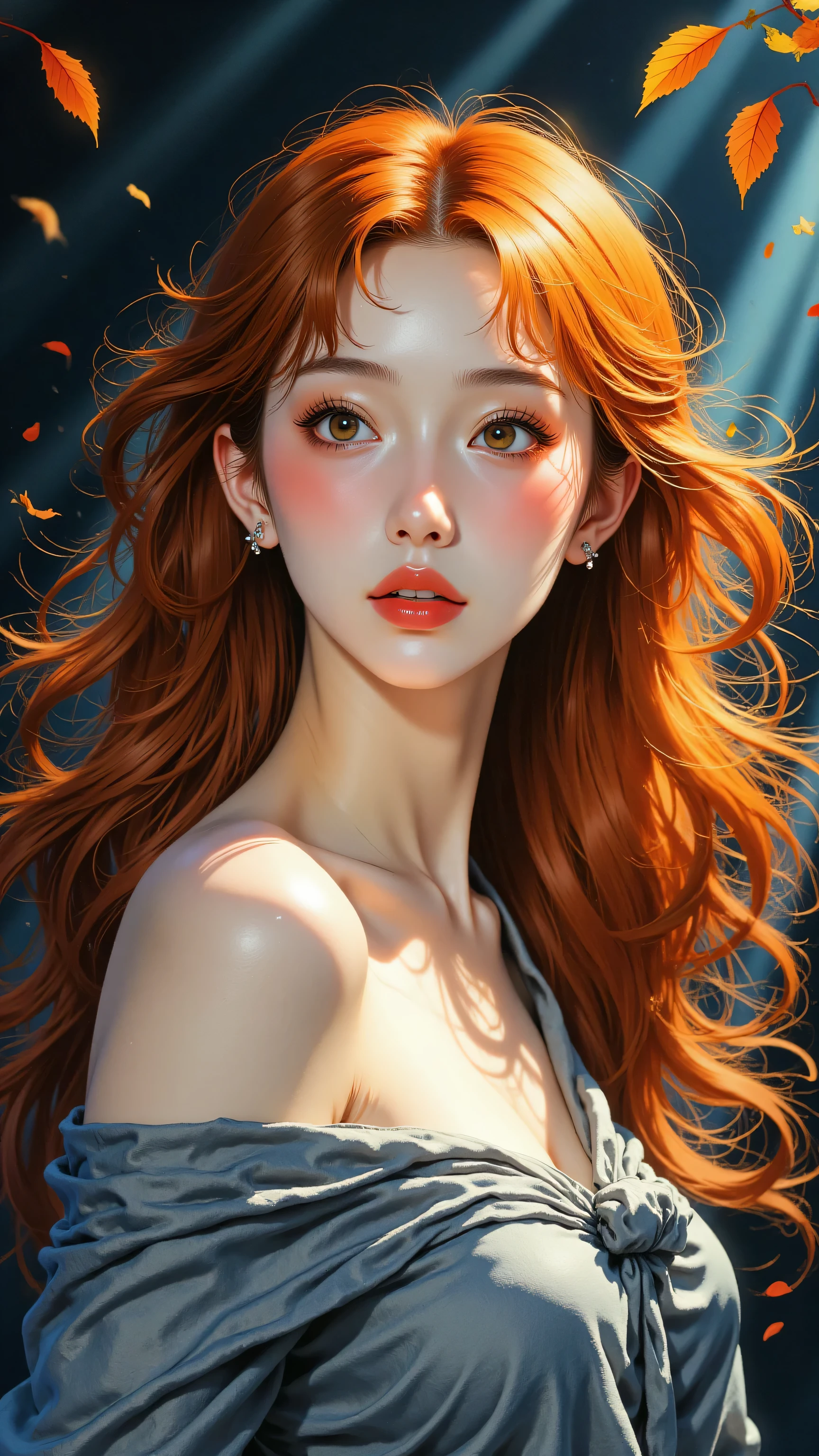 8k, masterpiece, highest quality, Korea's Beautiful Women, Close-up, slightly low angle viewpoint, woman, long flowing vibrant orange hair with swirling strands, fair skin, light eyes, dark red lips, looking slightly to the side with a serene expression, wearing a draped greyish-blue fabric that appears fluid, dark and swirling background with hints of blue and abstract orange leaf-like shapes, dramatic lighting.