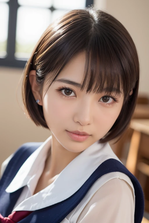 (8K，highest quality，RAW Photos，Ultra-high resolution，High definition，Attention to detail，High detail，超A high resolution，solo)，(((Very beautiful 12 year old girl)))，(School uniform)，，Highly detailed eyes and face，Realistic atmosphere，Center image，pretty girl，Young face，Baby Face，Innocent face，Childish，Japanese，beautiful girl，Very beautiful eyes，Big eyes，Detailed eyes，Calm Eyeouth details，Front view，Perfect Anatomy，( Excellent anatomy:1.2)，Detailed，Physically Based Rendering，Tyndall effect，Digital１SLR camera，85mm lens，Blur the background，Eyes with beautiful details，Glossy lips，Smile，Smile，double eyelid，Long eyelashes，Natural Makeup，Glowing White Skin，Short Hair，Shiny bob hair，Light on the face，True Face，Portrait，View from the front，Close-up of face，View Photographer，bright，coastal，Face close-up，