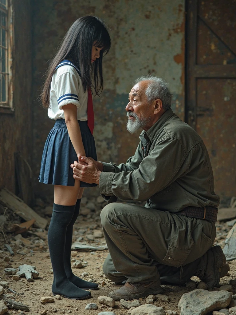 A girl in school uniform wearing knee-high socks being stroked on her inner thighs by a dirty old man in a slum