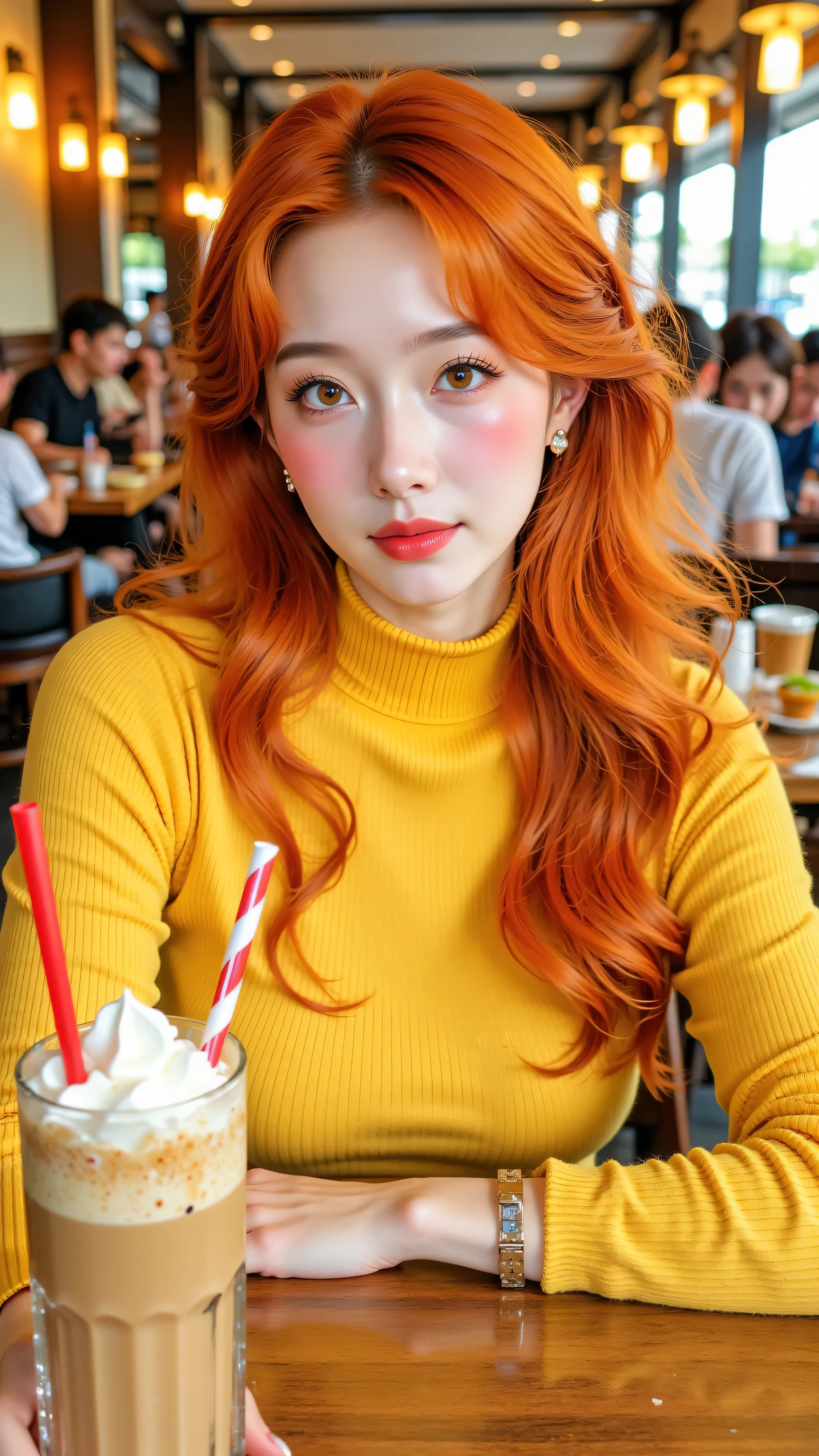 8k, masterpiece, highest quality, Korea's Beautiful Women, Medium shot, eye-level viewpoint, woman, long wavy bright orange hair, fair skin with freckles, light eyes, neutral expression, wearing a yellow long-sleeved ribbed top, seated at a table, a glass of iced beverage with whipped cream and a red and white straw in the foreground, blurred background with other people seated at tables in a warm-toned setting.