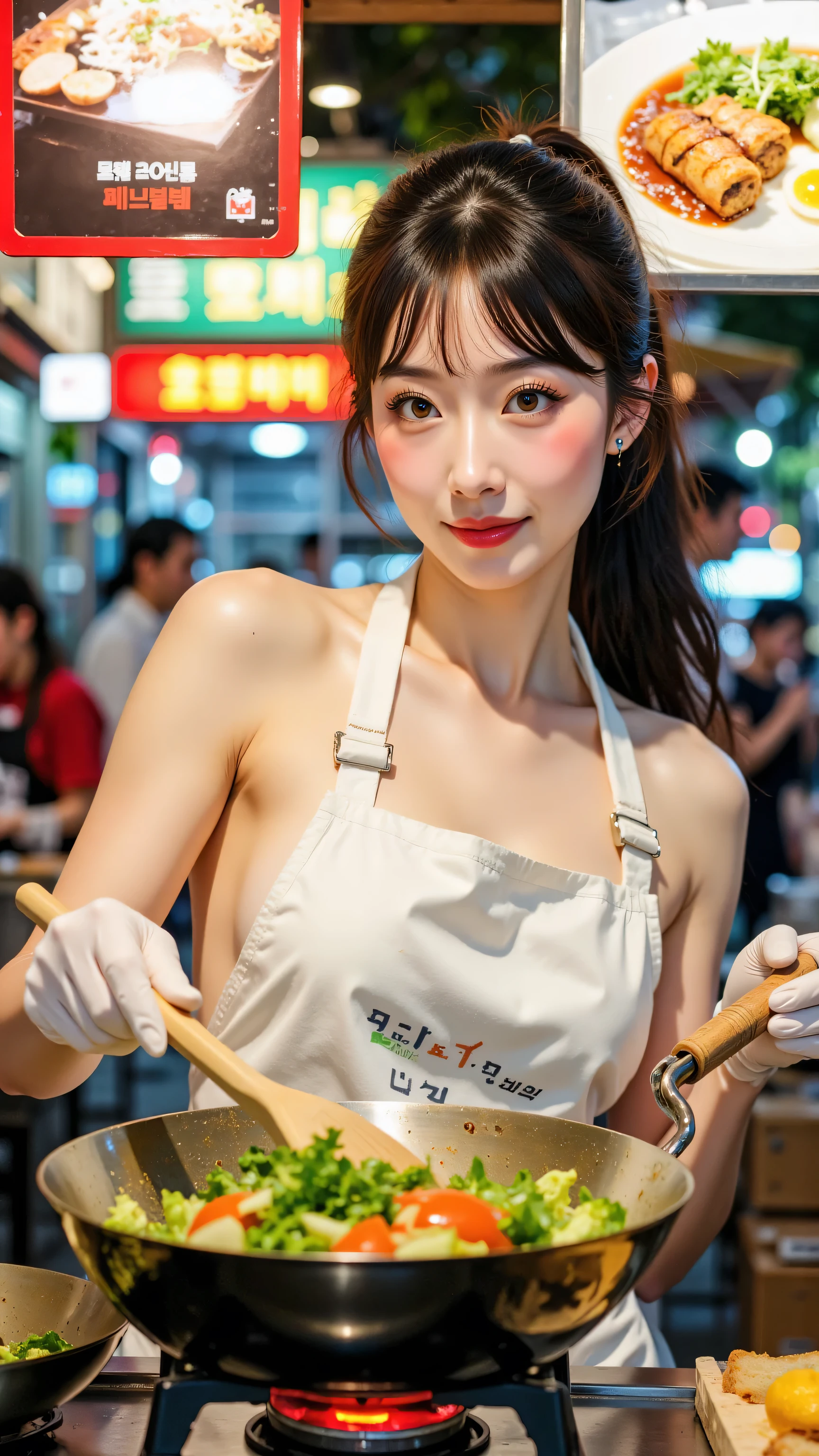 8k, masterpiece, highest quality, Korea's Beautiful Women, Medium shot, eye-level viewpoint, woman, long dark hair in a ponytail with bangs, fair skin, light makeup, wearing a white apron, white gloves, cooking vegetables in a wok on a gas stove, holding a wooden spatula, looking towards the camera, food stall setting, blurred background with people and food signs with korean characters, bright artificial lighting.