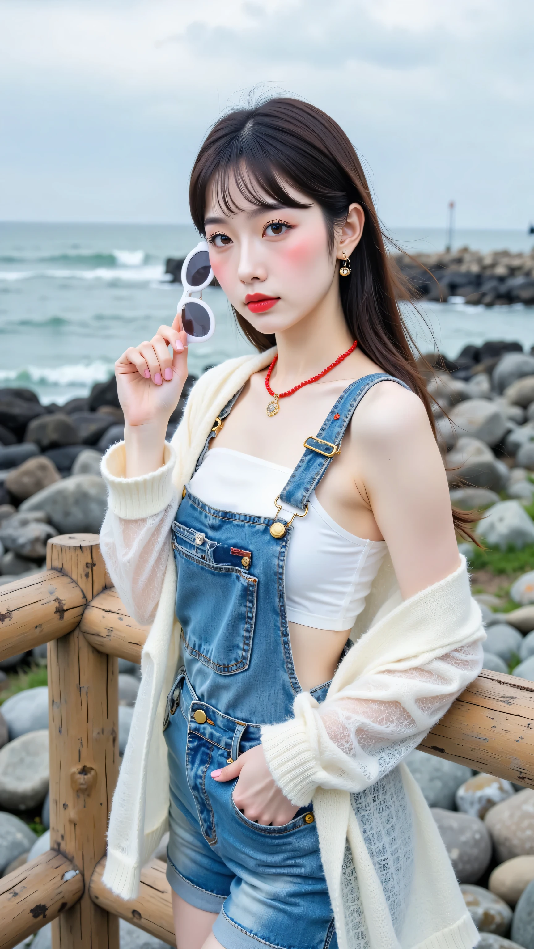 8k, masterpiece, highest quality, Korea's Beautiful Women, Medium shot, eye-level viewpoint, woman, long dark hair with bangs, fair skin, dark eyes, red lipstick, wearing a white halter top, blue denim overalls, a sheer white hooded scarf, and a red necklace, holding white-rimmed sunglasses in her right hand, standing behind a wooden railing, looking towards the camera with a slightly serious expression, overcast daylight, seascape background with a rocky shoreline and cloudy sky.
