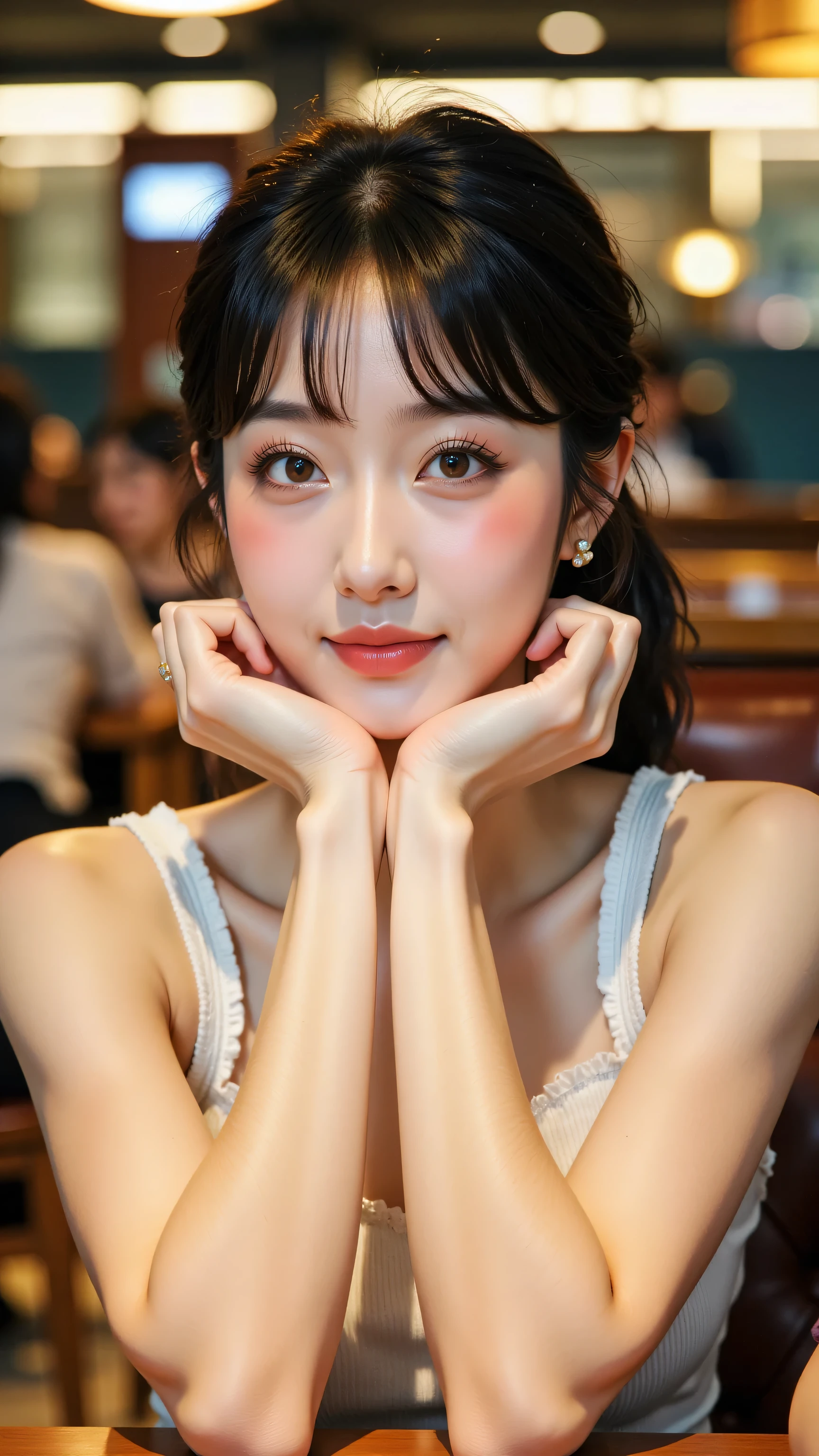 8k, masterpiece, highest quality, Korea's Beautiful Women, Close-up, slightly high angle viewpoint, woman, dark hair with bangs, fair skin, light eyes, subtle makeup, wearing a white sleeveless top, seated at a table, hands clasped under her chin, looking towards the camera with a soft expression, indoor setting, warm lighting, blurred background with furniture and other people.