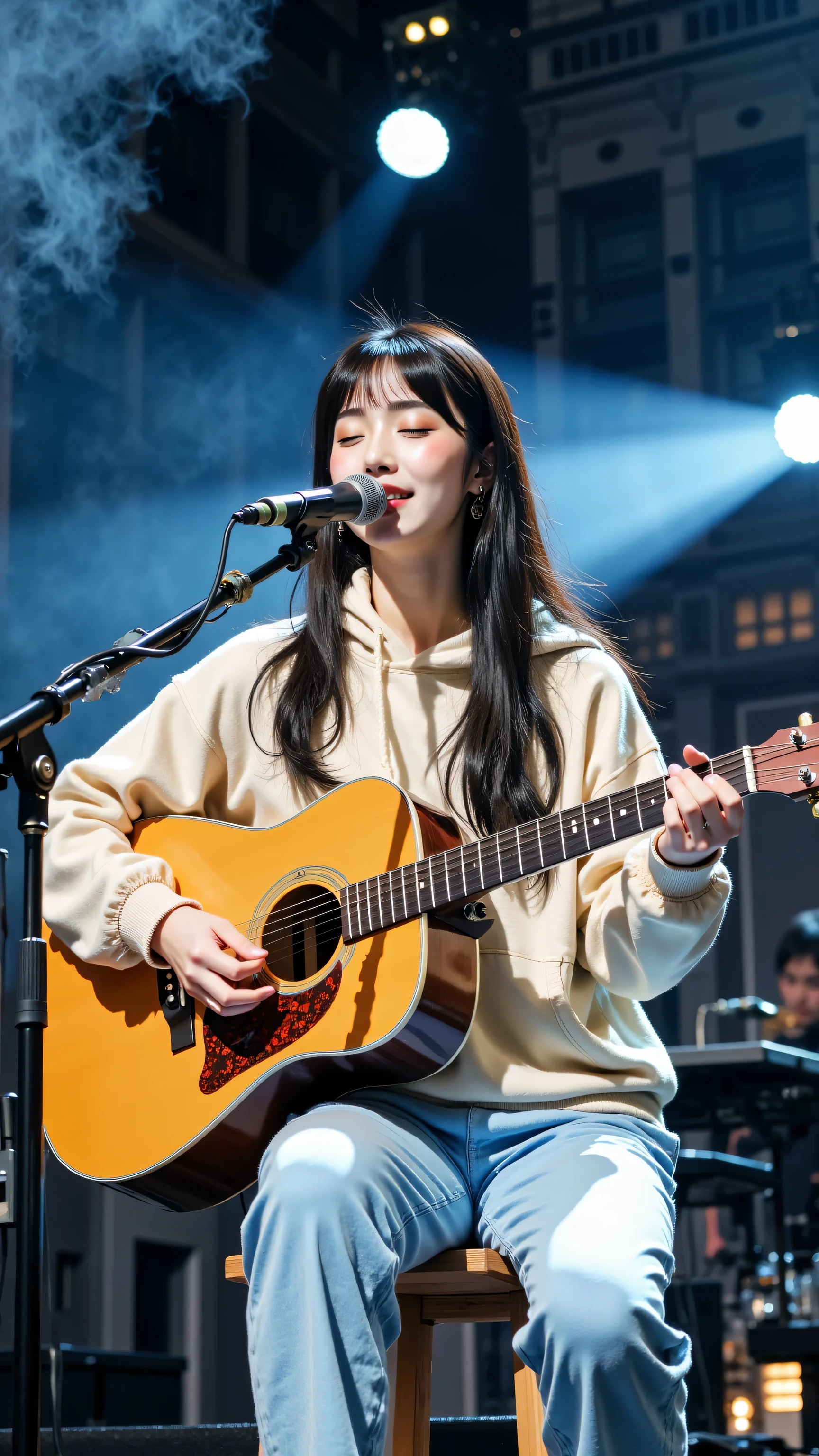 8k, masterpiece, highest quality, Korea's Beautiful Women, Medium shot, slightly low angle viewpoint, woman, long dark hair with bangs, fair skin, eyes closed, singing into a microphone, playing an acoustic guitar, wearing a light beige hoodie and light blue pants, seated on a stool, stage lighting with spotlights and smoke effects, dark blurred background with stage equipment and architectural elements.