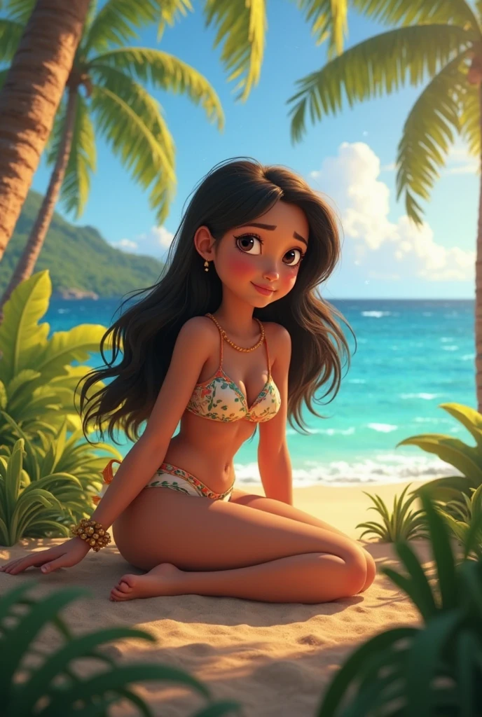 Visualize a young Brazilian fifteen-year-old girl walking along the beach with grace and joy. Her dark curly hair falls down her back, catching the golden rays of the sun. His eyes sparkle with excitement as he watches the waves gently crashing on the shore.. She wears a colorful bikini that highlights her tanned skin.. The top has a tropical print of flowers and leaves., while the bottom is a vibrant blue. She wears a beaded bracelet on her wrist and a shell necklace around her neck.. The soft white sand clings to your bare feet as you wade toward the water. The turquoise sea stretches as far as the eye can see, inviting her to immerse herself in its freshness. Seagulls flutter in the sky, and the sound of the waves creates a relaxing melody. It&#39;s an idyllic scene, full of youth, beauty and the promise of adventure under the Brazilian sun.