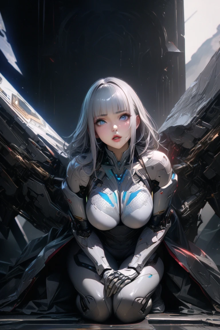(((beautiful))), modernia, mecha, lower body mecha armor, bodysuit, shoulder pads, red eyes, huge ,(((shiny skin))), ((intricate details)), hdr, ((intricate details, hyperdetailed)), cinematic shot, (((sunset beach))), vignette, art by alphonso mucha