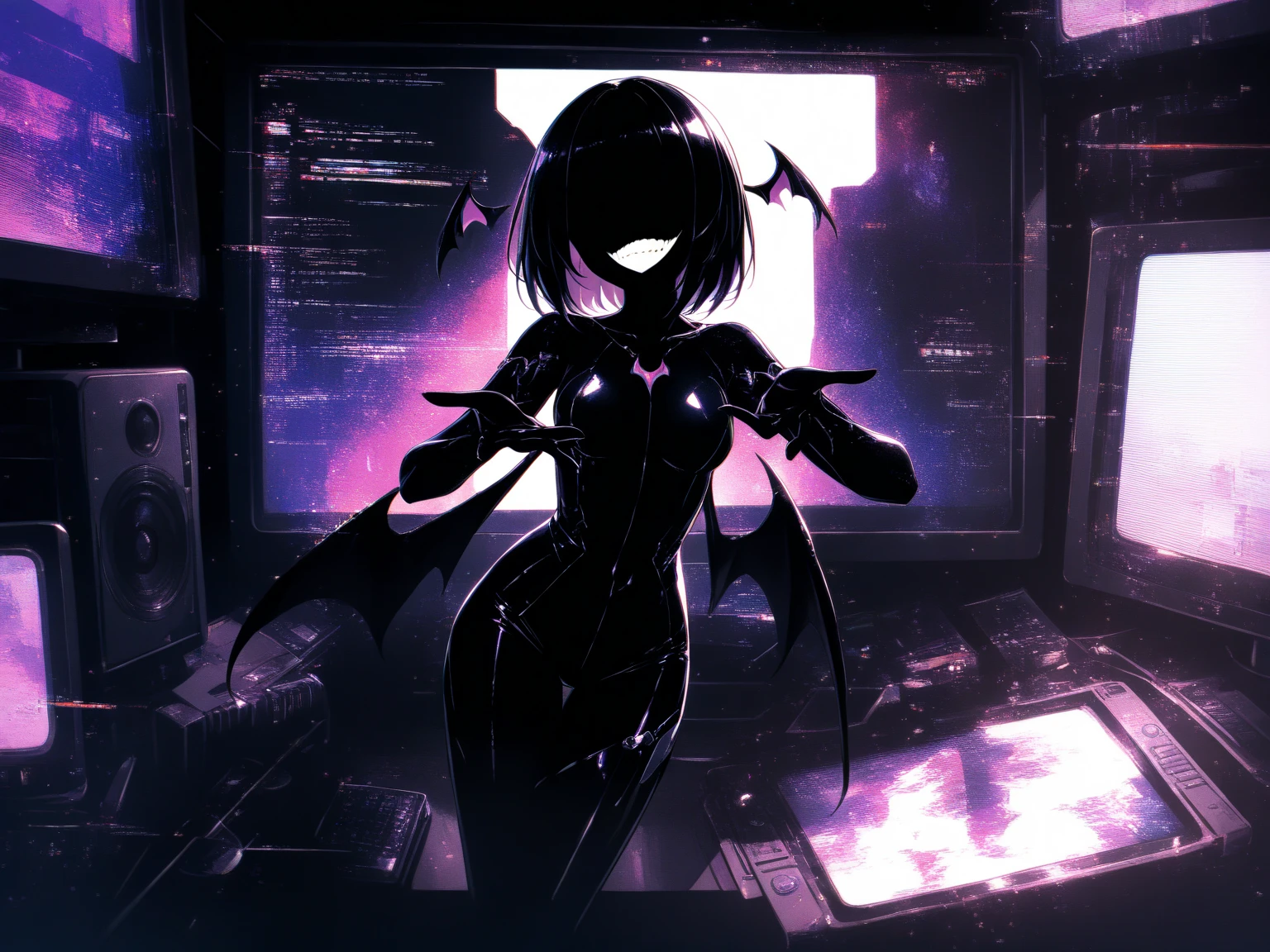 (Old photo-like image: 1.5, Monochrome image: 1.3, Black and white photo: 1.3, Glitch art: 1.4, Incredible high resolution, Masterpiece, Top quality, Highly detailed, CG, High quality anime), Woman on a monitor screen, Digital glitch: 1.4, Glitch noise: 1.4, Overall image glitch processing: 1.4, List of numbers floating behind, Monitor, Through the screen,
 BREAK (Silhouette of a succubus, Solo), (No eyes, No face, No highlights, Grinning mouth, Black skin, Demon wings, Very beautifully detailed face, Body suit), (Forming a  smile, Evil smile, Grinning smile, Yandere, Jito: 1.2, Shadowed face: 1.3, One hand reaching out towards you)