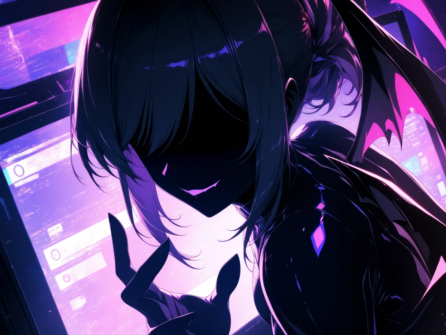 (Old photo-like image: 1.5, Monochrome image: 1.3, Black and white photo: 1.3, Glitch art: 1.4, Incredible high resolution, Masterpiece, Top quality, Highly detailed, CG, High quality anime), Woman on a monitor screen, Digital glitch: 1.4, Glitch noise: 1.4, Overall image glitch processing: 1.4, List of numbers floating behind, Monitor, Through the screen,
 BREAK (Silhouette of a succubus, Solo), (No eyes, No face, No highlights, Grinning mouth, Black skin, Demon wings, Very beautifully detailed face, Body suit), (Forming a  smile, Evil smile, Grinning smile, Yandere, Jito: 1.2, Shadowed face: 1.3, One hand reaching out towards you)