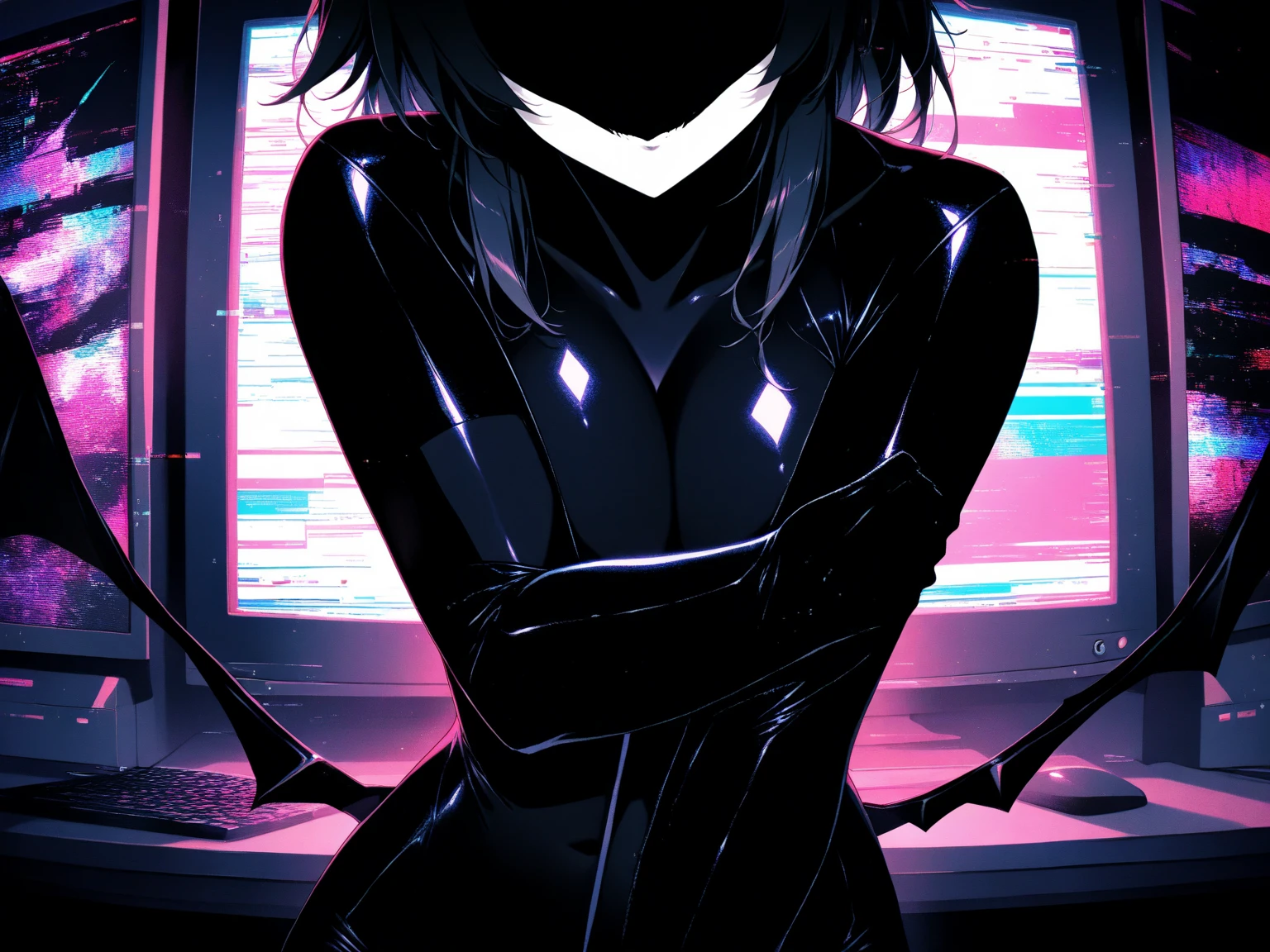 (Old photo-like image: 1.5, Monochrome image: 1.3, Black and white photo: 1.3, Glitch art: 1.4, Incredible high resolution, Masterpiece, Top quality, Highly detailed, CG, High quality anime), Woman on a monitor screen, Digital glitch: 1.4, Glitch noise: 1.4, Overall image glitch processing: 1.4, List of numbers floating behind, Monitor, Through the screen,
 BREAK (Silhouette of a succubus, Solo), (No eyes, No face, No highlights, Grinning mouth, Black skin, Demon wings, Very beautifully detailed face, Body suit), (Forming a  smile, Evil smile, Grinning smile, Yandere, Jito: 1.2, Shadowed face: 1.3, One hand reaching out towards you)