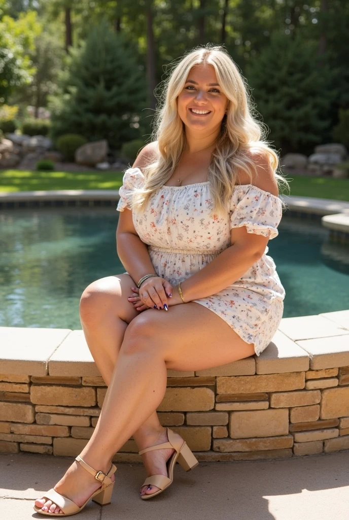 Xyrele, 1girl, solo, 30 years old, (((French face))), (((French nose))), (((French lips))), ((((chubby)))), (((wide hips))), (((blonde hair with a shade))), crinkly medium hair, ((Background: Dordogne countryside flower garden)), ((upper body and upper legs)), wearing purple printed Flowy Tunic Top