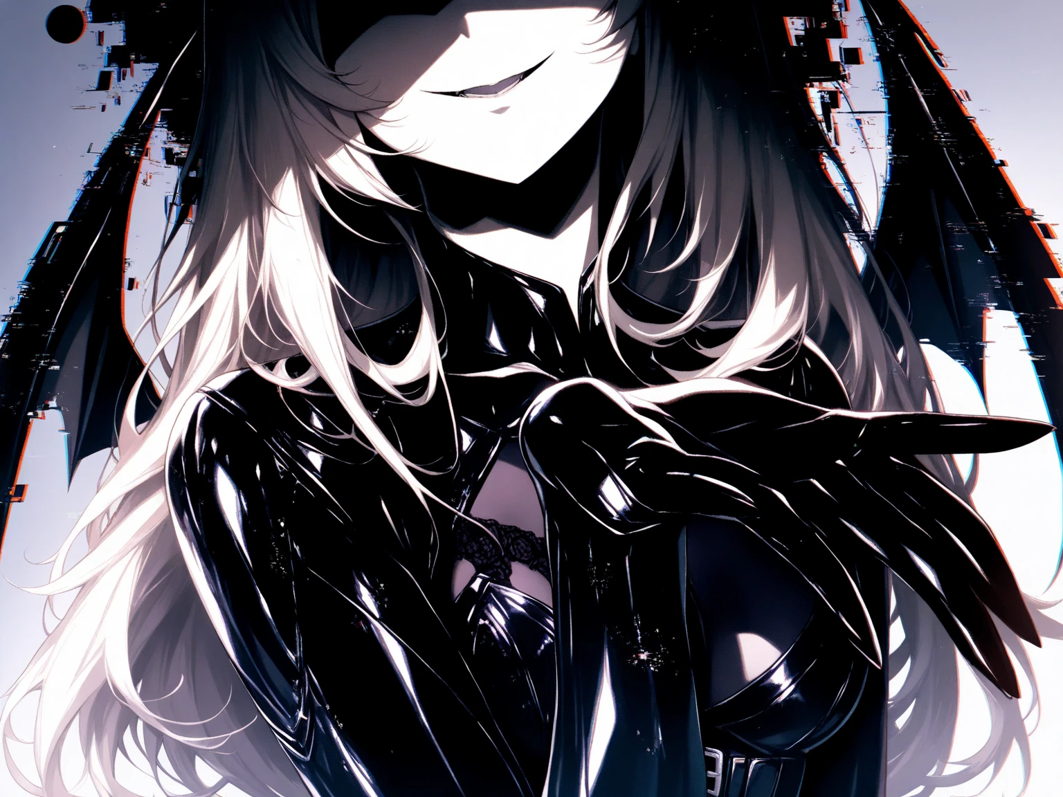 slender, mature female, 1girl, rating:safe, blonde_hair, solo, weapon, hair_ribbon, dagger, bodysuit, ribbon, long_hair,green_eyes, looking_at_viewer, gloves, standing, small_breasts, cowboy_shot, holding, breasts, holding_weapon, black_ribbon, gas_mask, skin_tight, holding_dagger, covered_mouth, knife, battle_knife, bangs
