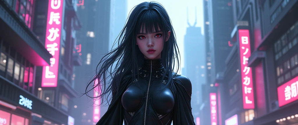Aurora is a o has the appearance of a and fragile girl, about 1.35 meters tall. Her hair is long, straight and deep black, contrasting with her pale skin. His eyes are an icy blue, almost lifeless, always focused and attentive to every detail around him. She wears a tight black suit, made from a material that doesn't make noise when she moves, ideal for her stealth missions. On his belt, two golden combat knives are always within reach.