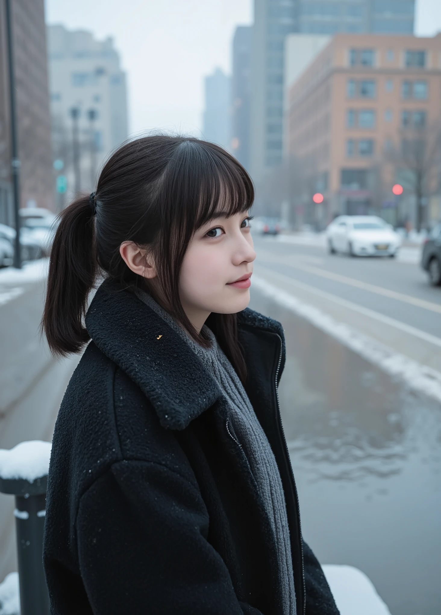 (mature adult woman wearing a leotard1By people),beautiful black hair,With bangs,(((ponytail))),((long hair)), realistic person images in dark waters,Realism,best quality,mastepeice,best quality,Max Video Quality,highest resolution,FINE DETAILS,Beautiful detailed face,black eyes,((realistic skin)),detailed background,( Exact Upper Body),(perfect upper body),(upper body),((Realismのある肌)),(smiles),((((super big )))),(((((I'm wearing a duffle coat))))),((((is wearing warm clothing)))),(((((I'm staring at me near the snowy downtown area))))),(((((that looks at me close to))))),(((((Snowy Outdoors))))),(((((Snowy City ))))),((((highlight your upper body and look at me up)))),(((walking))),(((((sweater))))),((((She wears jeans )))),((( dead trees))),
