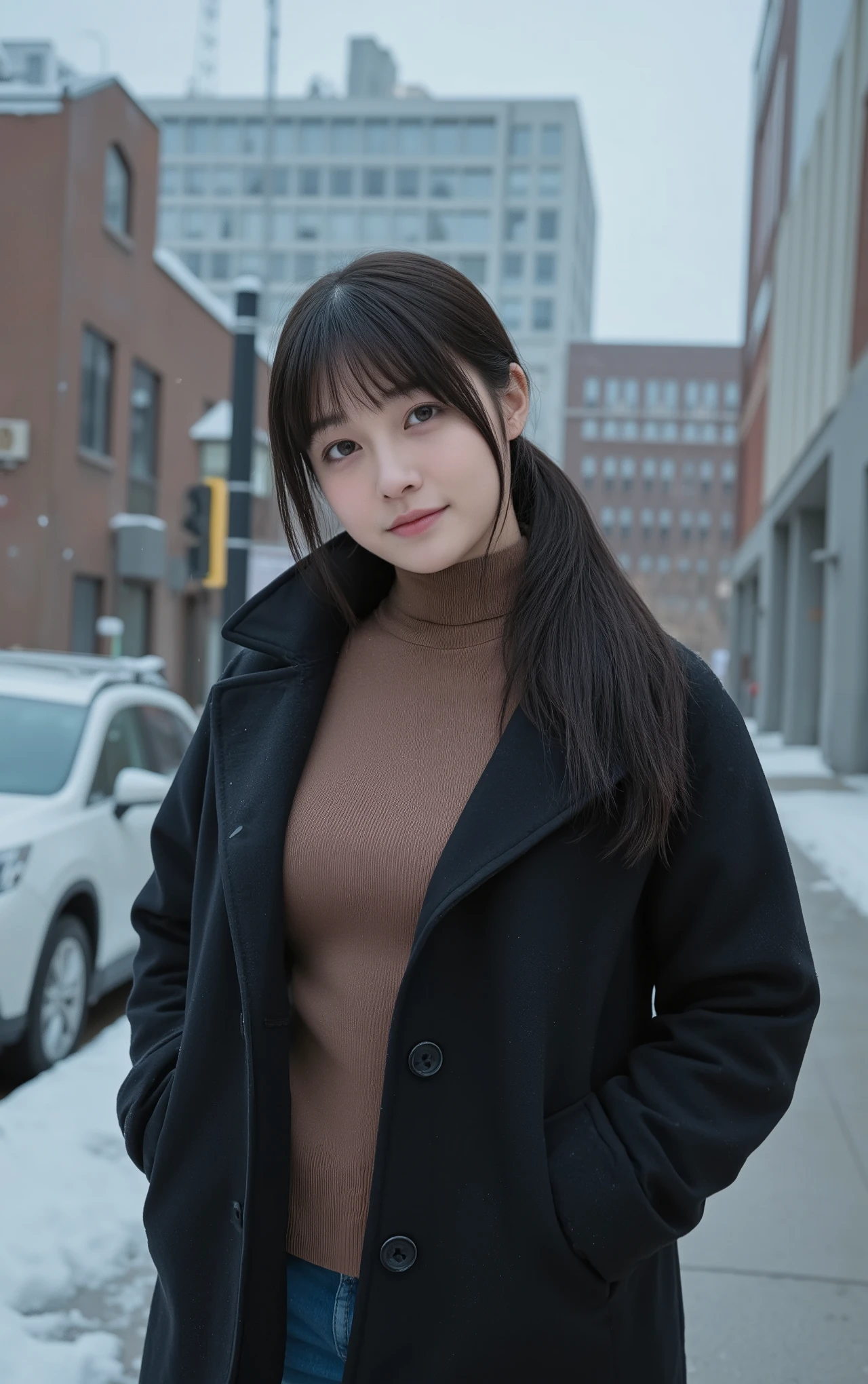 (mature adult woman wearing a leotard１By people),beautiful black hair,With bangs,(((ponytail))),((long hair)), realistic person images in dark waters,Realism,best quality,mastepeice,best quality,Max Video Quality,highest resolution,FINE DETAILS,Beautiful detailed face,black eyes,((realistic skin)),detailed background,( Exact Upper Body),(perfect upper body),(upper body),((Realismのある肌)),(smiles),((((super big )))),(((((I'm wearing a duffle coat))))),((((is wearing warm clothing)))),(((((I'm staring at me near the snowy downtown area))))),(((((that looks at me close to))))),(((((Snowy Outdoors))))),(((((Snowy City ))))),((((highlight your upper body and look at me up)))),(((walking))),(((((sweater))))),((((She wears jeans )))),((( dead trees))),