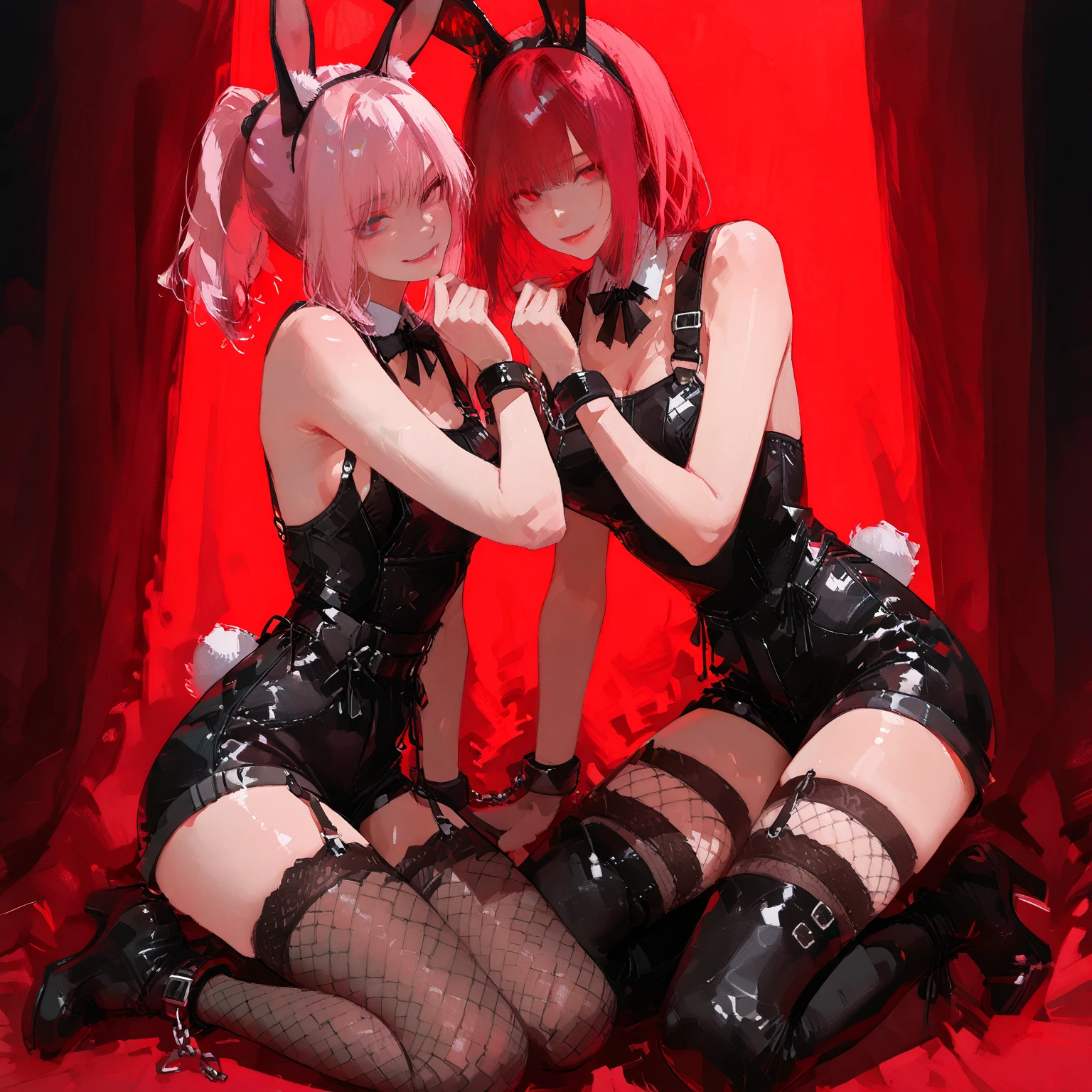 outrageous, best qualityer, 1 girl, standing alone, Red hair, purples eyes, long hair, big fit ass, oh Rabbit, bunny ears, red corset, gakuran, aprons, red ribbons around the neck, red skirt, headband, manga curta, wrist cuffs, white thigh highs, the jingle bells
