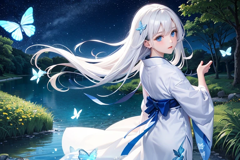Top Quality, Masterpiece, Ultra High Resolution, Flat Design, simple background, giant glowing cute stars, colorful, cute girl standing in water, starry sky in background, huge full moon, water ripples, beautiful simple flowing white dress