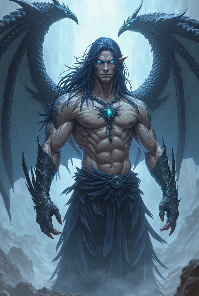 "Create an image that depicts Hades, inspired by the book descriptions of Hades and Persephone, written by Scarlett St. Clair. Hades is described as an imposing and seductive Greek god with a dark and powerful aura. He possesses a tall stature and a sculpted body, emanating strength and authority. Her black hair is long and dense, falling in seductive waves over her broad shoulders. His deep eyes are the most intense blue color, conveying a magnetic mystery. He has majestic black horns that curve elegantly around his head, further underscoring his divine nature. The expression on his face reflects a piercing gaze, full of power and knowledge of the dark world he rules. His skin is pale, like the silvery light of the moon, contrasting with the gloomy scenery around him. In addition, Hades is depicted wearing elegant and majestic costumes, which perfectly match his imposing presence. Their appearance is a balance between beauty and power, attracting both admiration and awe. When creating the image of Hades, be sure to capture his dominant presence, the intensity of his gaze, and the combination of his dark and seductive features. The image should convey the strength and mystery that surrounds it, bringing to life this fascinating Greek god of the underground."