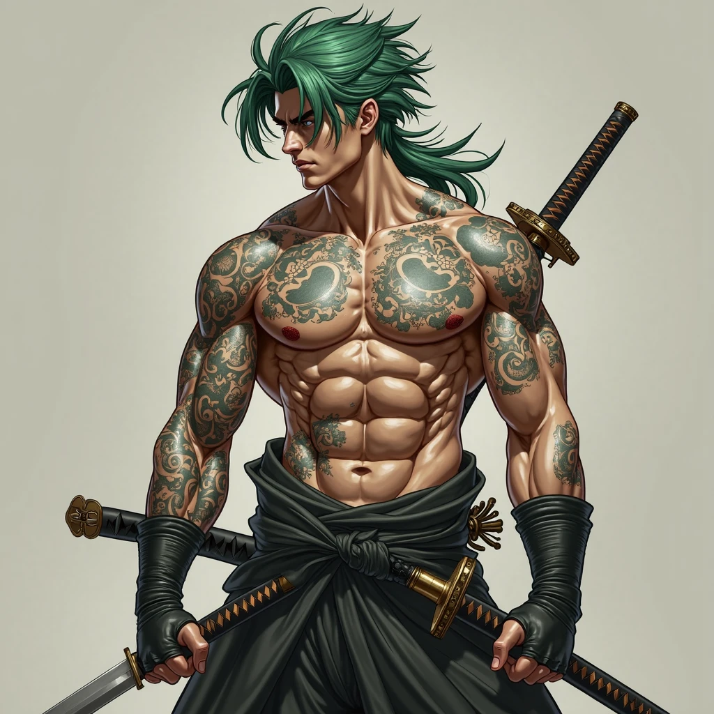 roronoa zoro shirtless with his swords standing in a heroic pose