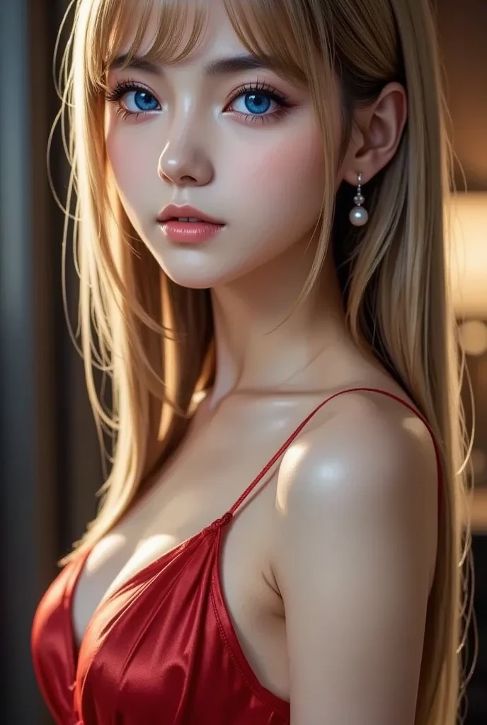 full hd 8k, Girl standing in front of a dark night scene, full moonlight reflecting on her beautiful face. Her long, silky hair was gently blown by the night wind, creating a gentle and romantic feeling. She is walking on a large beach. She looked up at the starry sky, as if searching for something, her eyes showing a pensive and lonely look. The full moon shines in the night sky creating a beautiful scene. The girl has long, strands of hair, Light blonde hair, a luxurious and noble beauty. The moonlight shines on the girl's delicate face, highlighting her large, round light brown eyes, creating a natural, gentle beauty. She wore a mini red dress to create a sexy beauty. These images capture detailed panoramic portraits and views of the sky and sea. All create a beautiful, wonderful picture that makes people unable to take their eyes off the scene. All of these details are depicted clearly and sharply,