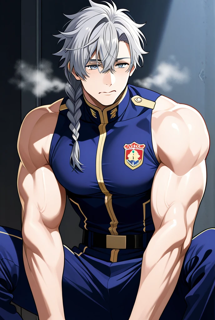 (masterpiece, Highest quality:1.2), smile, View your viewers, Huge muscles、Huge penis,David,Tight suit,Sakuma Jirou,((Young boy,Little,Eye patch,Deep cobalt blue hair color,Long Hair))Crying face,Drooling,