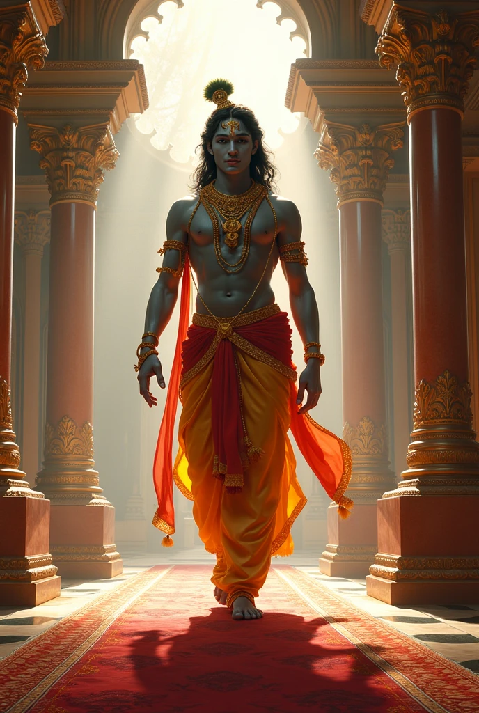 A divine scene, lord Krishna entering from the door of a home, beautiful detailed eyes, beautiful detailed lips, extremely detailed eyes and face, longeyelashes, divine figure, ornate clothing, intricate jewelry, serene expression, celestial lighting, glowing aura, (best quality,4k,8k,highres,masterpiece:1.2),ultra-detailed,(realistic,photorealistic,photo-realistic:1.37),cinematic composition, lush colors, warm lighting, ornate architecture, intricate details, spiritual atmosphere