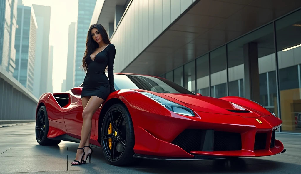 Turkish girl, 30 years old. Tall figure, beautiful face, dark eyes, high nose, plump lips, bright smile, long black hair. smooth white skin. wearing a tight red dress. standing and posing in front of the yellow lambogini supercar. Realistic images, clear details, realistic and vivid color schemes.