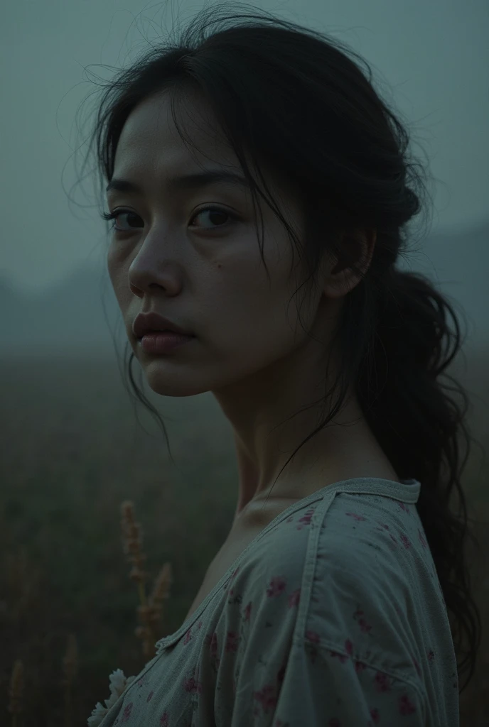 Best image quality, masterpiece, a pretty woman heads in one transparent trash bag, blood, heartbroken expression, indonesian face,detailed skin expression, detailed image texture, brutal, grotesque, horror, gloomy atmosphere, (not ai image), cloudy weather, abandoned trash bag