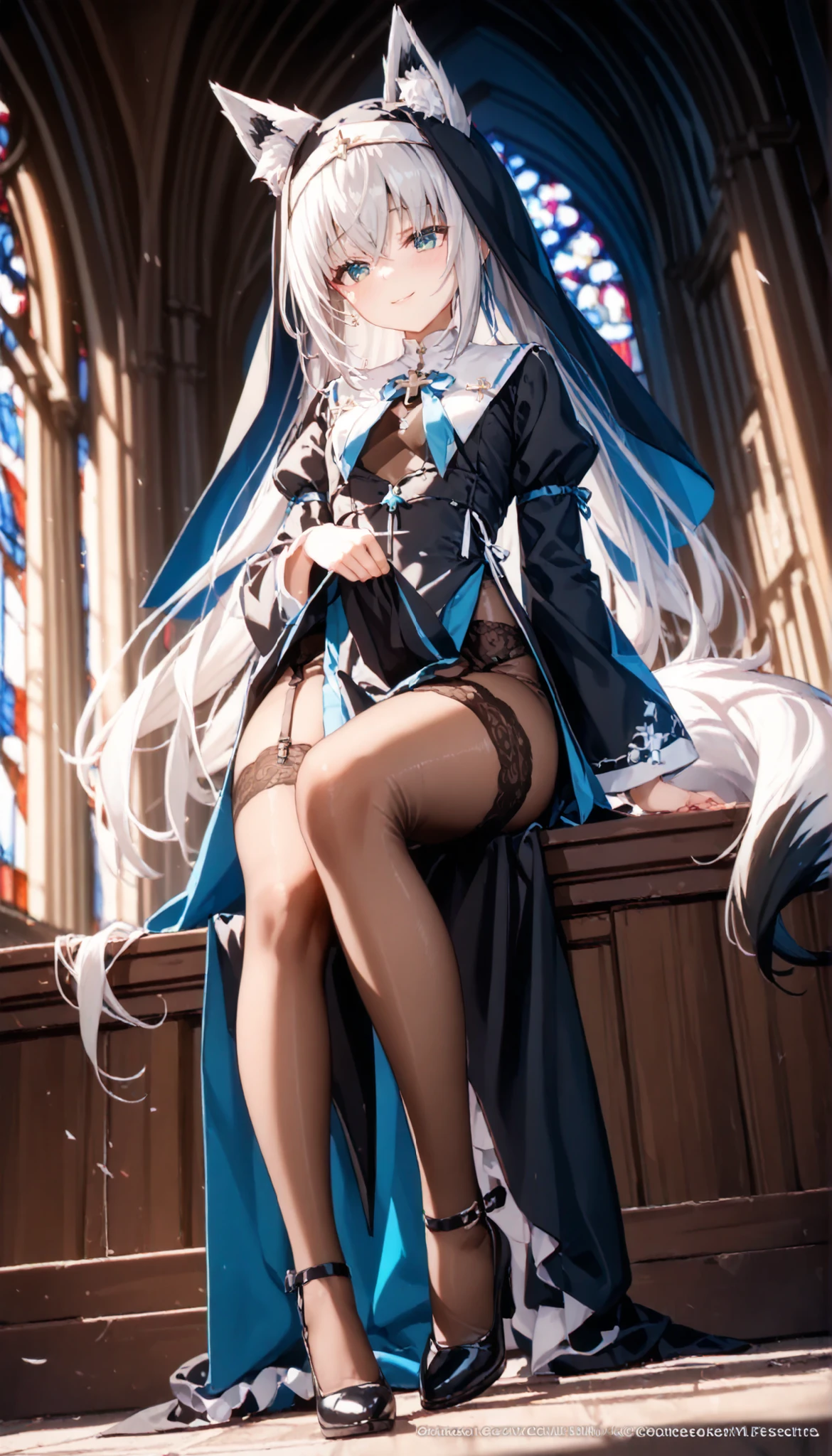 ( masterpiece), ( best quality), ( score_9, score_8_ sideways, score_7_ sideways, score_6_ sideways, score_5_ sideways), simple eyes , expressive eyes, perfect face, very elaborate face , Highly Detailed Face, beautiful girl, 8k, (church), Dark Shadow, high resolution, Official Art, ( full body), sitting and laughing , Cool Girl , (change:1.1), hochangeve, virtual YouTuber , Shirakami Fubuki, Gray Hair, One-sided knitting , stupid hair, It pierces upward, fox ears, fox tail , Healthy Slim Body, Now 、Expressive eyes that inhale uniform , habit, black dress, under-bobbed chest, chest curtain, short pelvic curtain, garter belt , white knee-highs, High cut skirt , soft smile , Rakshadowska , Flat chest, chest, can be seen through the thighs , , ( full body), , doggy style, , resting、widen your legs so you can see the center of the white panties, from below, Subjective Chest , , sweated , half-open, shy ass, , Clothes lift,、(((bodystocking)))
