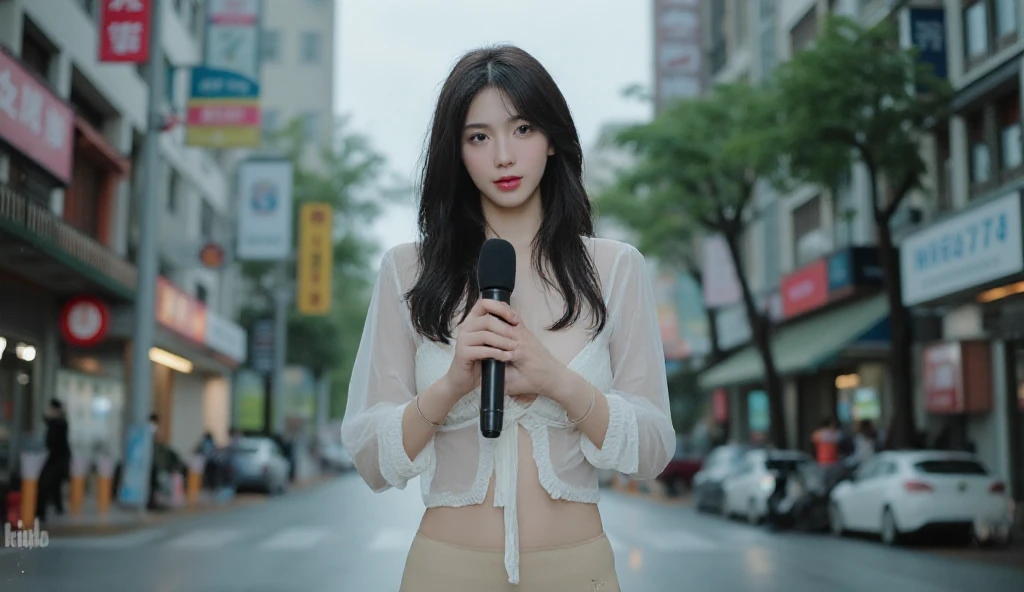 materpiece, best quality, 1girl, brown long hair, hair floating, walk on busy street, sunny day, best fashion