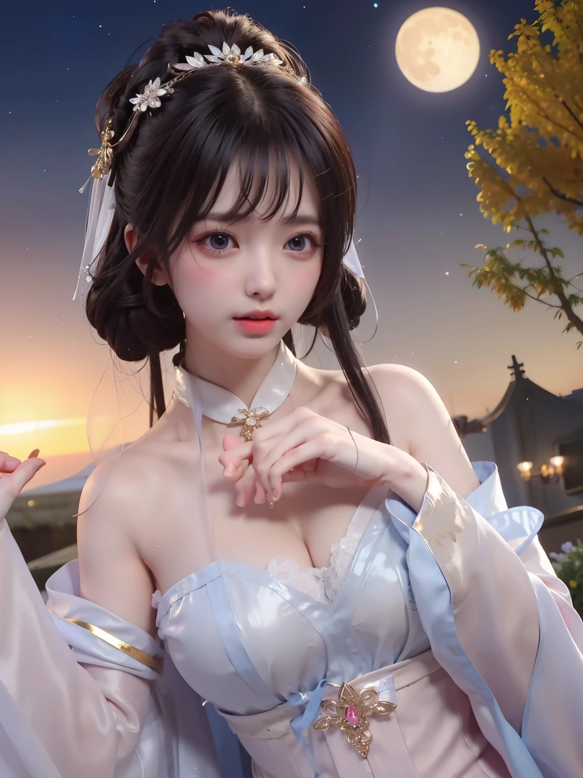 a princess 10 yeald old cute Hanfu dynasty open V-chested clothes royal, Wet body of thin silk fabric, Thin silk lace dress, (huge boobs,cleavage),, white pink ,best qualtiy,tmasterpiece,超高分辨率,(真实感:1.4),RAW photogr,(True skin texture:1.3),(filmgrain:1.3),(Selfie angle),1个Giant Breast Girl,Beautiful eye and face details,tmasterpiece,Best quality at best,,The chest more exposed, detailed hair,above looking down facing at camera,short dressPrincess Eyes,Super big eyes,Detailed face,shiny pupils, (a garden,moon palace,)