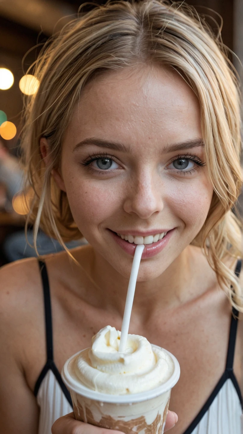 spread legs，Fully open labia majora，Gulping down milk，Completely naked，beautiful russian woman，20-year-old，blonde bob hair，Big blue eyes，smile，making a peace sign with both hands，Square facial features