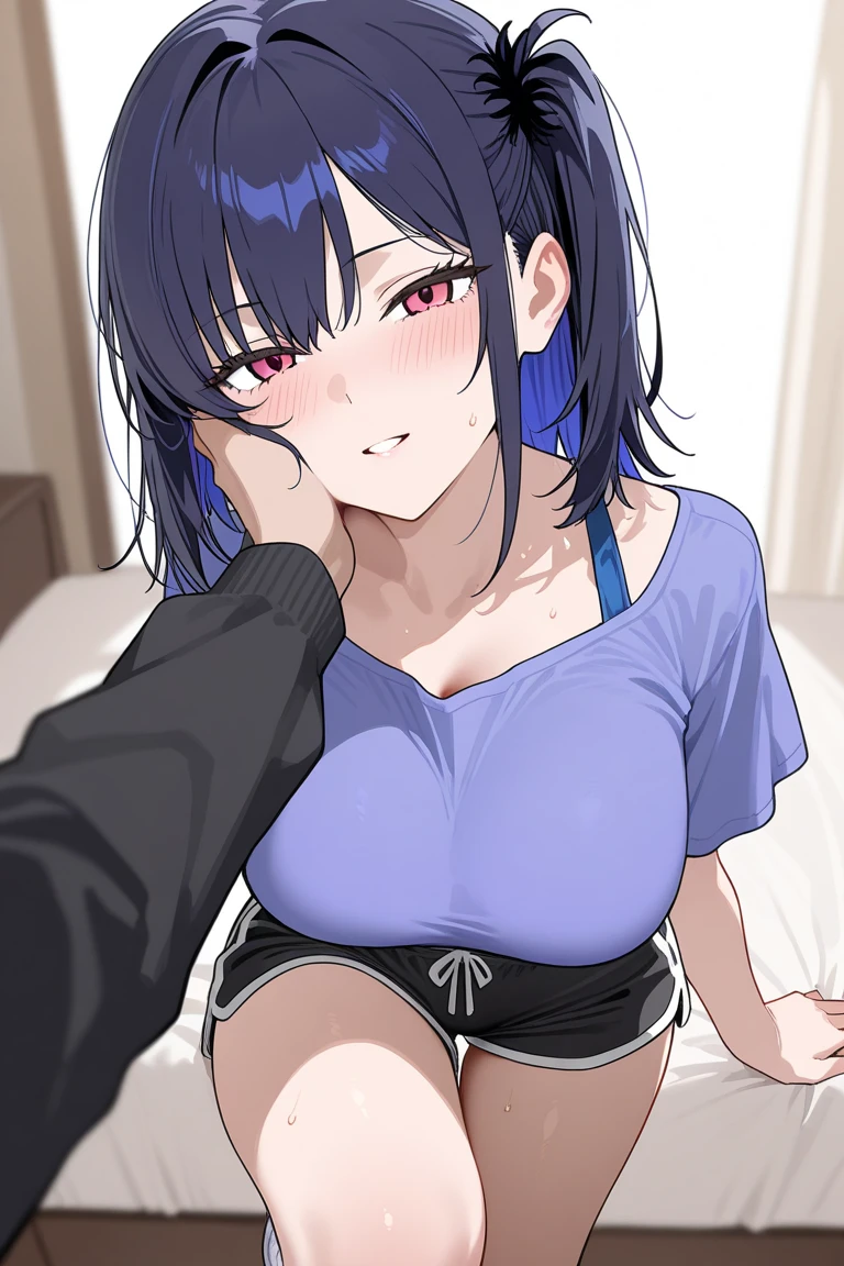 source_anime, rating_explicit, score_9, score_8_up, score_7_up, black_hair, goth, gothic, short_hair, looking at viewer, crop top, skirt, thighhighs, black clotges, goth girl, ikuchan, 1boy, 1cuck, standing side by side, faceless male, ), muscular male, ((size difference)), clothed, gyaru fashion, cuckold pov, ((netorare)), ((ntr)), cuck, cuckolding, ((light skinned male)), ((cuck)), ((bleached)), ((wmaf)), white male Asian female, indoors, male head out of frame, huge testicles, huge penis, nude male, penis, fellatio, penis kiss