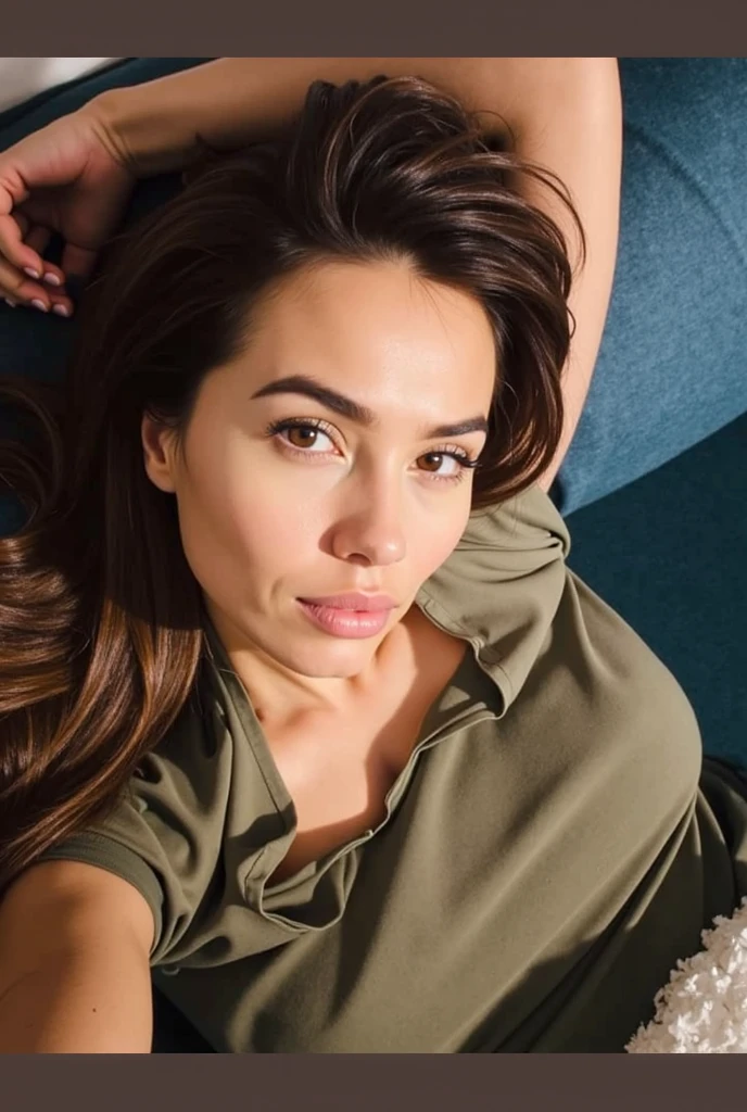 beautiful woman, 5 feet 4 inches, bobbed brown hair, brown eyes, big nose, pulls up her sweatshirt, and spreads her big bare buttocks, on her bed