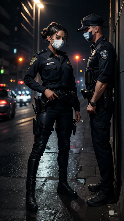 1womanl、(Super beautiful)、(beauitful face:1.5)、(A detailed face:1.1)、Clear pubic contours、(with spreading legs:1.1)、(Showing white panties)、(Dark blue mini skirt:1.1)、(police uniform with:1.3)、(Bare legs)、(Wear black shoes:1.1)、city street at night、(At SFW:1.1)