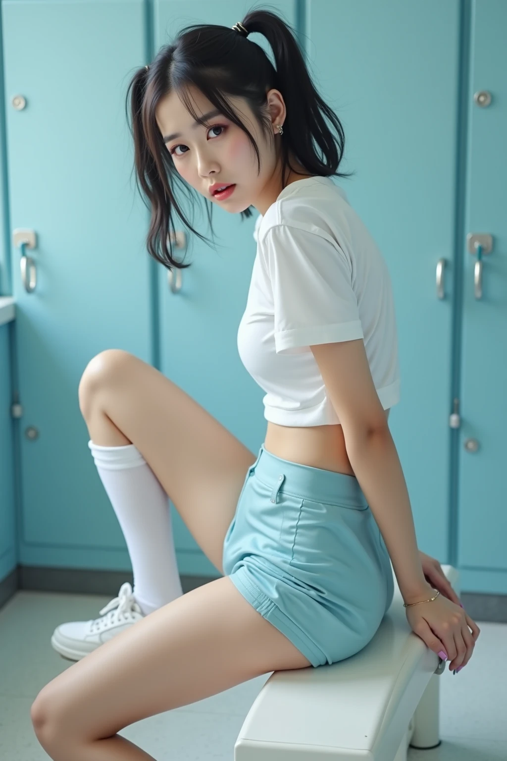 (superflat, flat shading, flat colors:1.1), (locker room), asian girls, young teen, (school uniform) , slim, small breast, dark hair, ((looking over a shoulder:1.4)), white panties, (mini skirt:1.1), (low angle:1.3). minimal detailing, limited vibrant color palette, serene expressions, peaceful introspection, subtle washes of pastel colors, modern Nordic design, understated elegance, simplicity and purity, tranquil atmosphere, digital painting, ultra fine, (no panties:1.4), sitting, (spread legs:1.3)